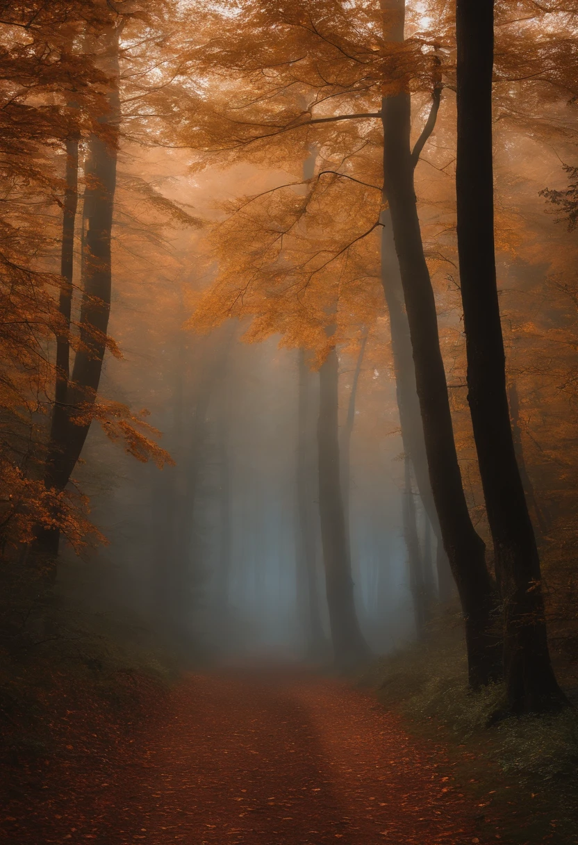 arafed view of a forest with a few trees in the fog, a picture by Gabor Szikszai, unsplash contest winner, romanticism, misty forest, beautiful forests and trees, breath - taking beautiful trees, breath-taking beautiful trees, foggy forest, lpoty, orange fog, magical fog, national geographic photo, beautiful misty wood