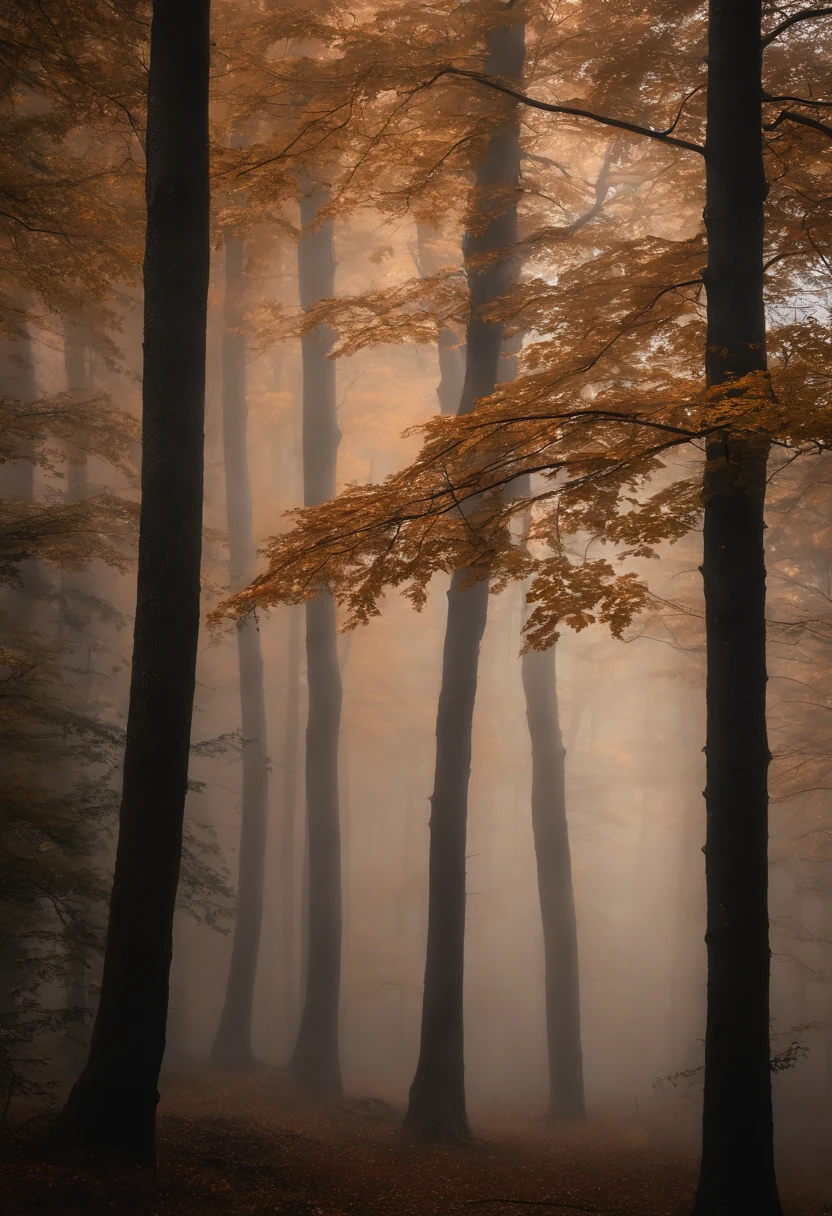 arafed view of a forest with a few trees in the fog, a picture by Gabor Szikszai, unsplash contest winner, romanticism, misty forest, beautiful forests and trees, breath - taking beautiful trees, breath-taking beautiful trees, foggy forest, lpoty, orange fog, magical fog, national geographic photo, beautiful misty wood