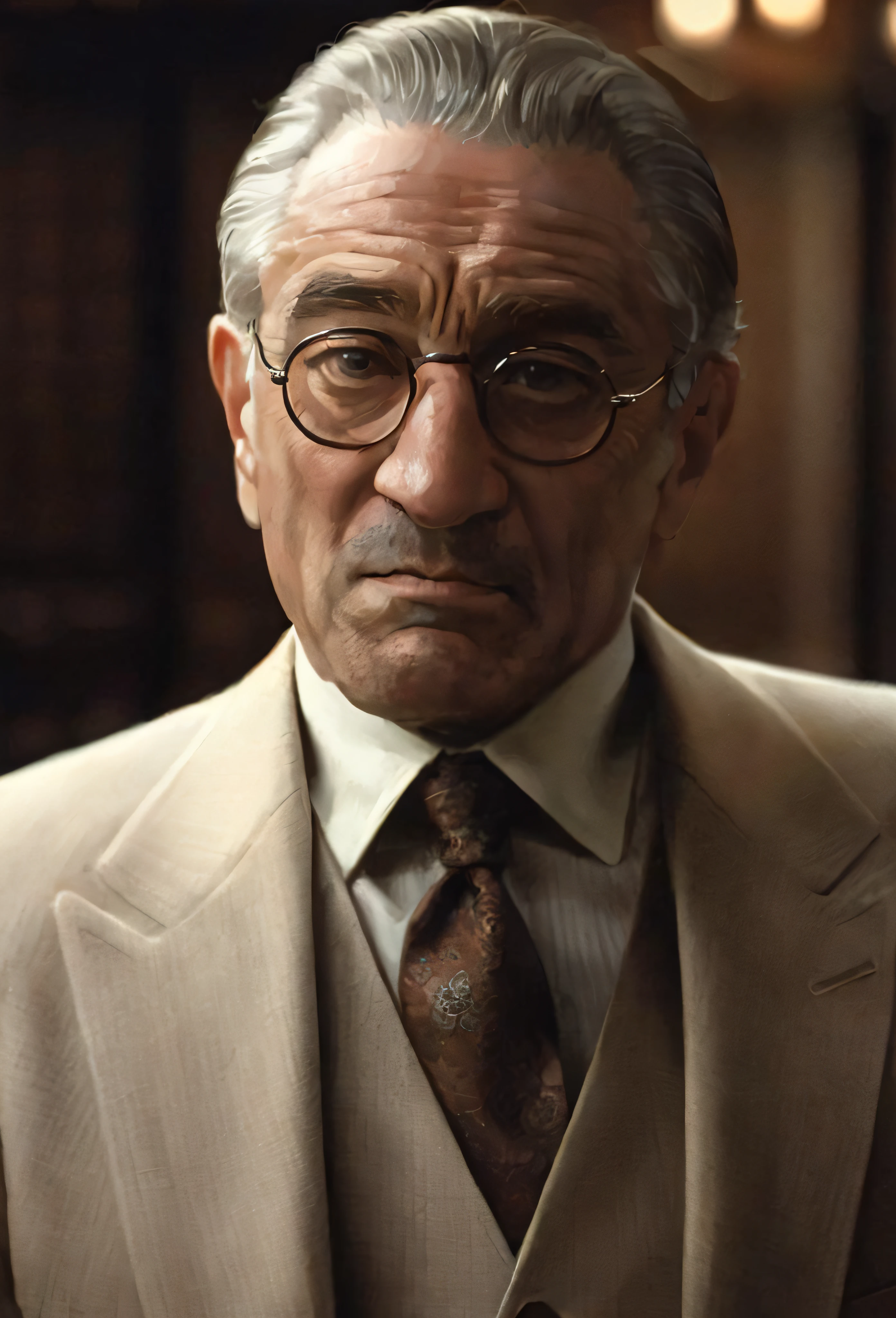 DeNiro1024, a man in a beige vintage suite, small round glasses, farwest background, detailed eyes, photography, highly detailed, sharp focus, trending on artstation, studio photo, intricate details, highly detailed, by greg rutkowski