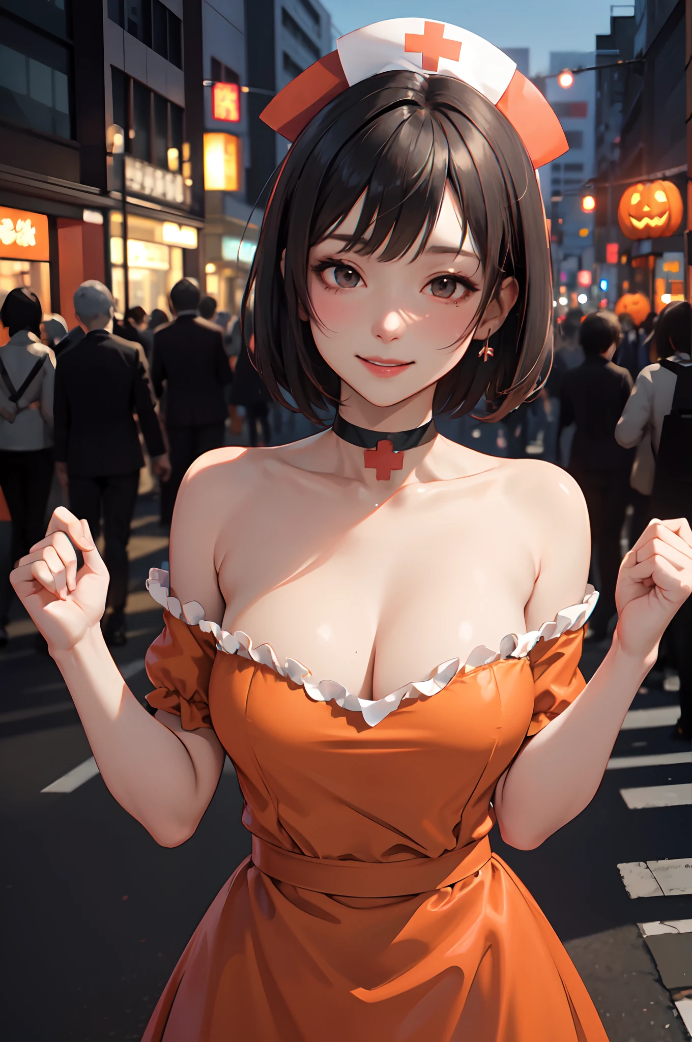 1lady standing, /(nurse costume/) choker, mature female, /(short hair/) bangs, blush kind smile, (masterpiece best quality:1.3) delicate illustration ultra-detailed , large breasts BREAK /(streets of Shibuya/) outdoors, jack-o'-lantern Halloween parade, crowded audience, night