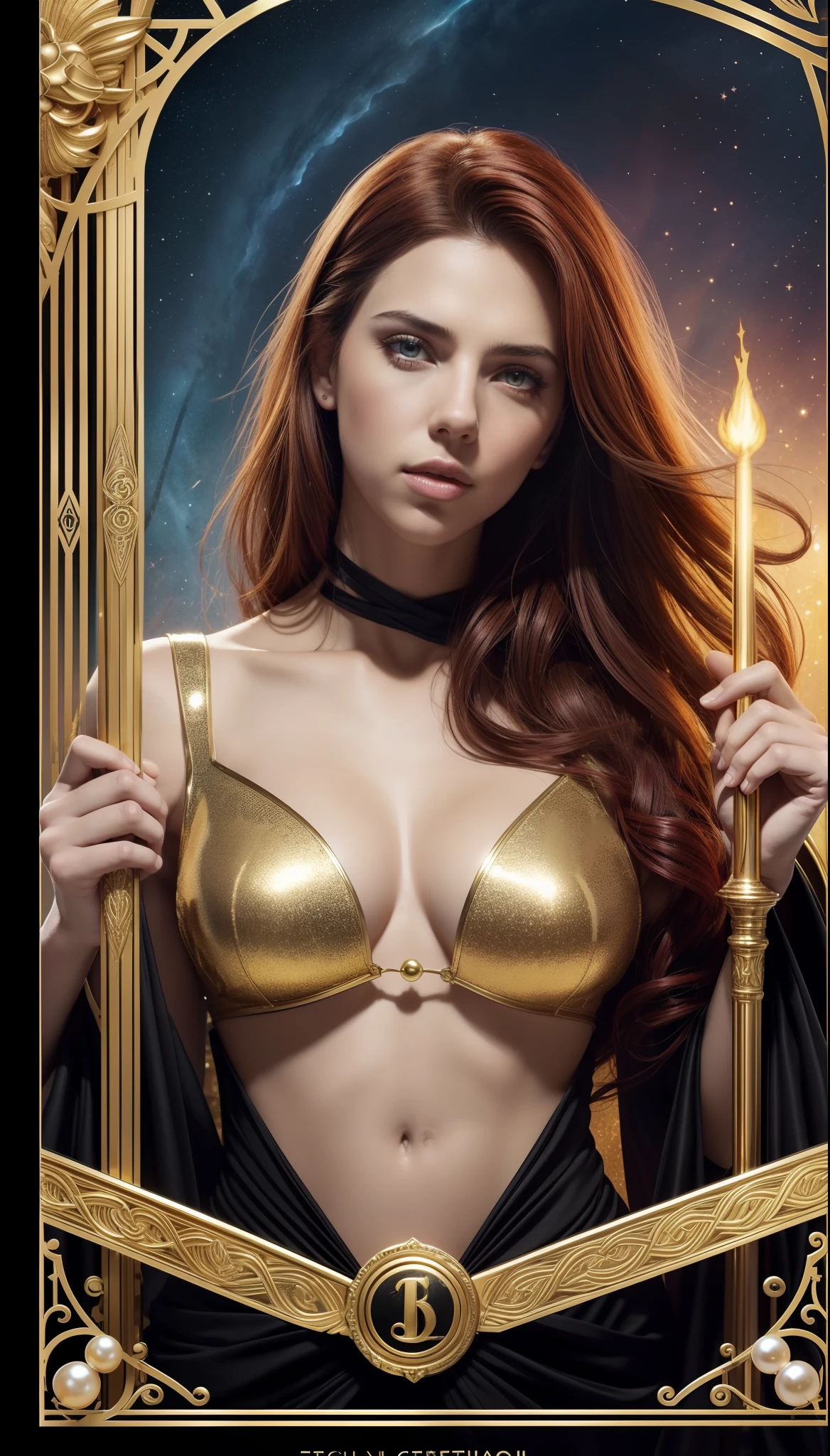 tarot cards,Full tarot border,(The image is surrounded by a tarot card-style border:1.8), (Elongated head)scarlettJohansson (Scarlett Johansson) A portrait of a 32-year-old,,Hades,(Wearing:black toga,Armed with a giant scythe,),Great giants,angry look,(Hairstyles: with curly red hair,),Roman mythology,8k wallpaper,finely quality eyes,Right eyes,correct hand, Ultra-detailed, Beautiful and aesthetically pleasing, tmasterpiece, best qualityer, (s fractal art: 1.3), (Background with:romanticism lain, volcanoes,hell, Buble, shells, Blood, pearls,magma,火焰, Libra, skulls, Hold the giant scythe,( extremely detaile, ))dynamic angle, Cowboy shot, The most beautiful forms of chaos, elegant, Fauvistdesign, vivd colour, Vintage style,(zentangle,datura,Tangles,entangled), (s fractal art: 1.3),delicated face,Correct body structure,a sexy pose,Desire for dissatisfaction,holy rays,Flame,gold foil,Gold leaf art,glitter drawing,Full tarot border,(Full border 1.5),(The border is centered at 1.8),
