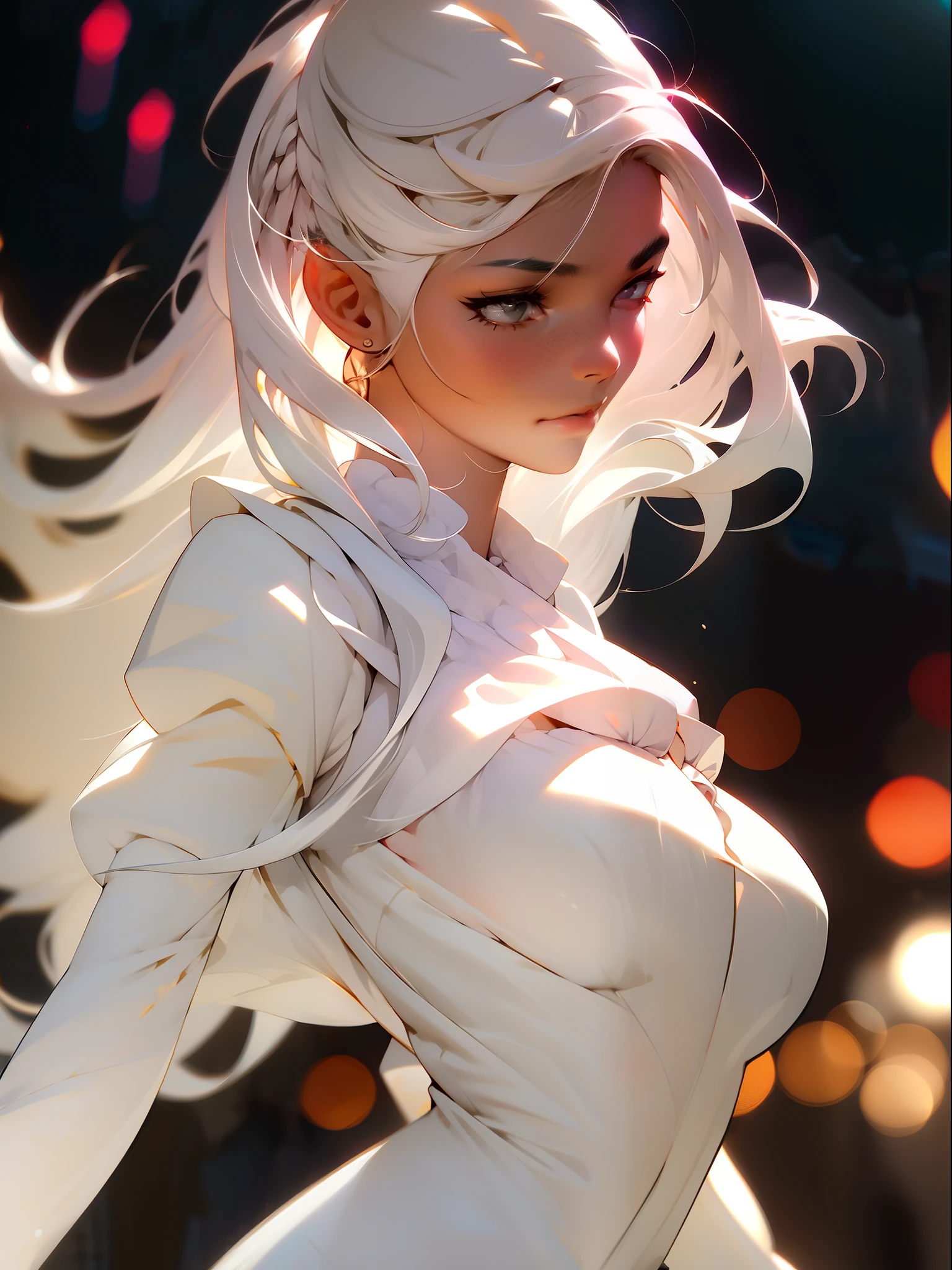 best quality, photorealistic, 8k, high res, 1girl, woman,(skindentation), (large breast), (professional lighting, bokeh), (street), (people, crowds:0.6), market,  (night:1.2),(white hair:2.0), (blouse:1.5), (portait:0.6), gorgeous, bloom, (floating hair),(light particles, lens flare, glowing particles:0.6), (dynamic pose:1.2), soft lighting, front view