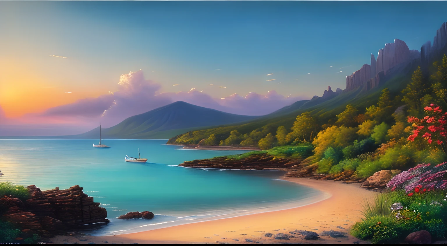 Landscape inside the earth, mer cristalline bleu cobalt, petite barque,fleurs, barque sur l'eau, Eau cristalline, coucher du soleil, ,(Highly detailed CG Unit 8k wallpaper), The most beautiful work of art in the world, Professional majestic oil painting, complexe, High detail, mise au point nette, dramatique, Art of photorealist painting,