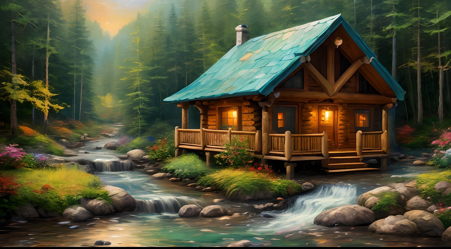 painting of a cabin in a mountain stream with a waterfall, children play around cabin,  4 k oil painting, beautiful oil matte painting, oil painting 4 k, oil painting 4k, cottage in the forest, beautiful oil painting on canvas, beautiful digital painting, smooth oil painting, beautiful art uhd 4 k, 8 k hd detailed oil painting, oil digital painting, Inspired by Thomas Kinkade.