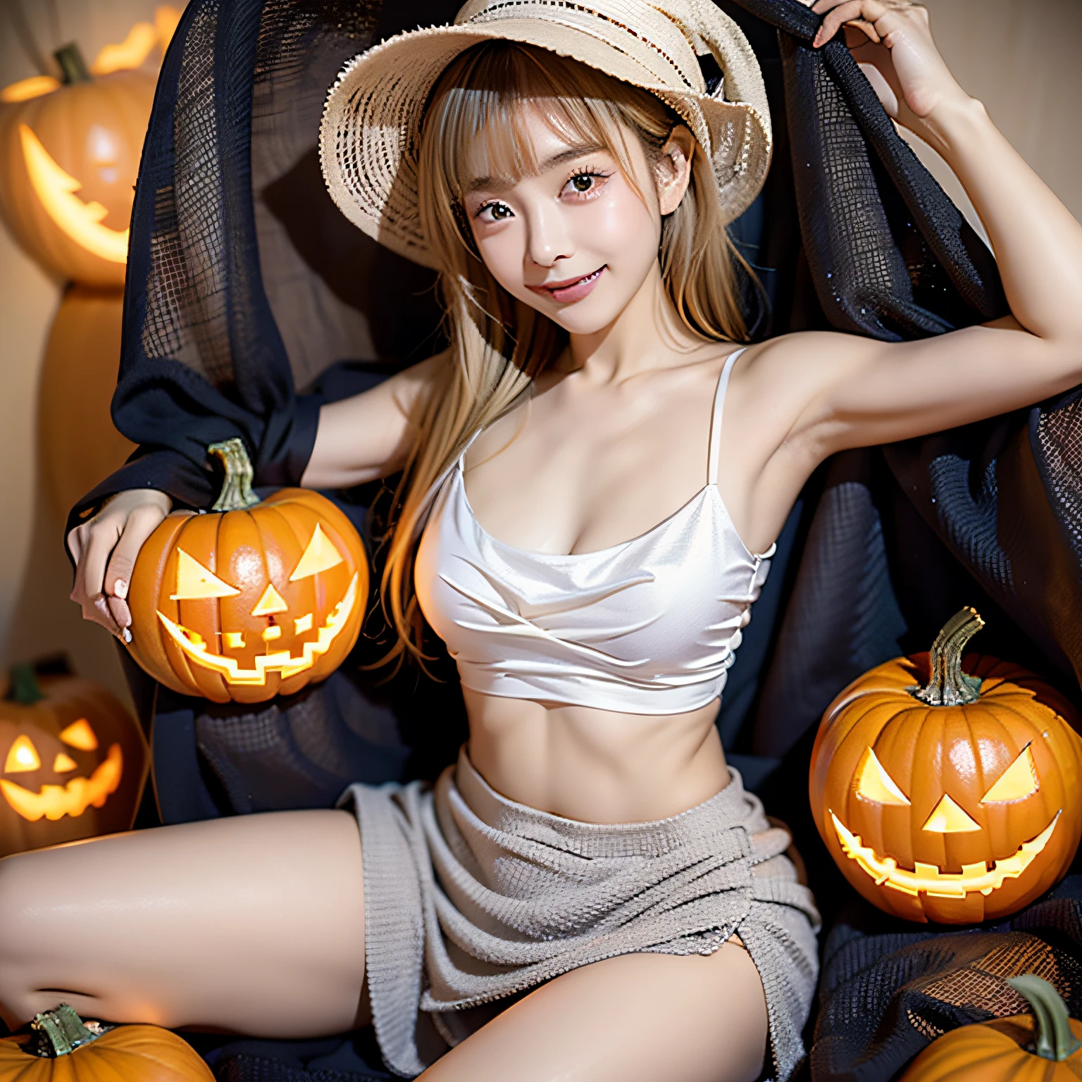 8K, Photorealistic, RAW color photo, Best Quality, masutepiece, Detail Face, Detail Eyes, Detail skin, perfect hand, Perfect legs, Perfect hands, 1girl in, Japan gravure idols, 23years old, Beautiful fine skin,off shoulder blouse, Miniskirt, Witch Hat, Smile, Round face, Round brown eyes, Glittering eyes, 鎖骨, asymmetrical bangs, Small breasts, glistning skin, Radiant hair, Blonde medium hair, Navel, Ass、Legs, Windy, Soft light, No makeup, Halloween standard jack-o-lantern zombies with jack-o-lantern and witch hat jack-o'-lantern background,