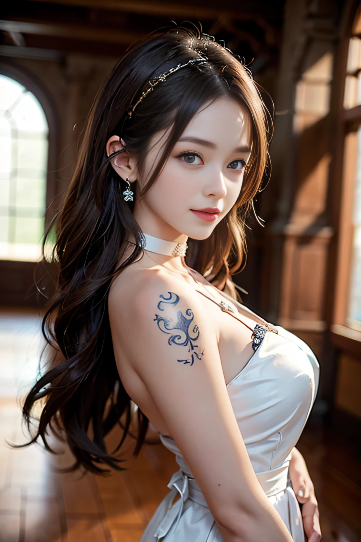 ((masterpiece:1.4)、(top-quality:1.4)、(reallistic:1.7))、masuter piece:1.4、(Top-of-the-line rendering:1.4)、Super beautiful queen and cute dragon、Ultra-realistic portraits、((1girl in:1.4))、Shiny natural skin texture、(Gorgeous Brilliant Queen Costume:1.4)、(An outfit that emphasizes beautiful breasts:1.4)、attractive girl、age19、(Cute tattoos:1.4)、(Perfect female body:1.4)、Portrait photo of a girl、(standingn:1.4)、(Upper body photo:1.4)、Fantasyart、Soft front light、美丽的面容、Beautiful udder、large full breasts:1.2、Sexy ass、A detailed eye、Beautiful and attractive eyes、beautidful eyes、Narrow waist、beauty legs、Raw photo、red-lips、Red high heels、(a choker:1.4、a necklace:1.4、耳环:1.4)、Queen standing on the ruins of an ancient dynasty
