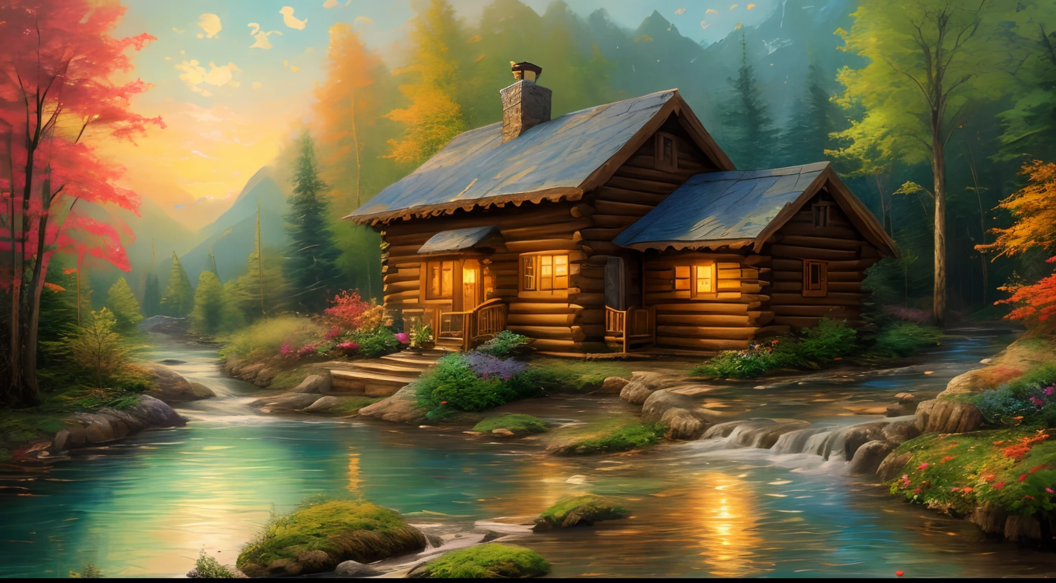 painting of a cabin in a mountain stream with a waterfall, children play around cabin,  4 k oil painting, beautiful oil matte painting, oil painting 4 k, oil painting 4k, cottage in the forest, beautiful oil painting on canvas, beautiful digital painting, smooth oil painting, beautiful art uhd 4 k, 8 k hd detailed oil painting, oil digital painting, Inspired by Thomas Kinkade.