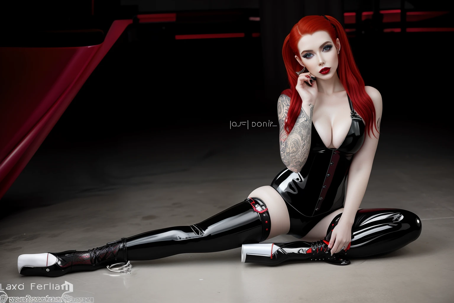 Araffe woman with red hair and piercings sitting on the floor, latex domme, black latex, very beautiful goth top model, porcelain skin, wearing black latex outfit, Pinup tatuado, Intricate wet latex suspenders, porcelain skin using latex, Amouranth, com rabo-de-porco preto, shiny latex, amouranth as a super villain, latex clothes