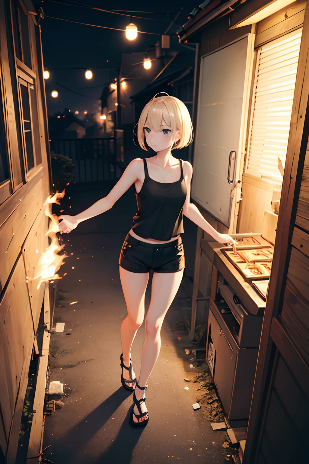 natta、They are setting fire to newspapers with matchsticks lit from outside、A house on fire、cute blonde girl、cute face、elegant sleek smooth body、full body Esbian、Short bob hair、a blond、blue eyes、Black tank top、sexy black shorts、Wearing black shorts