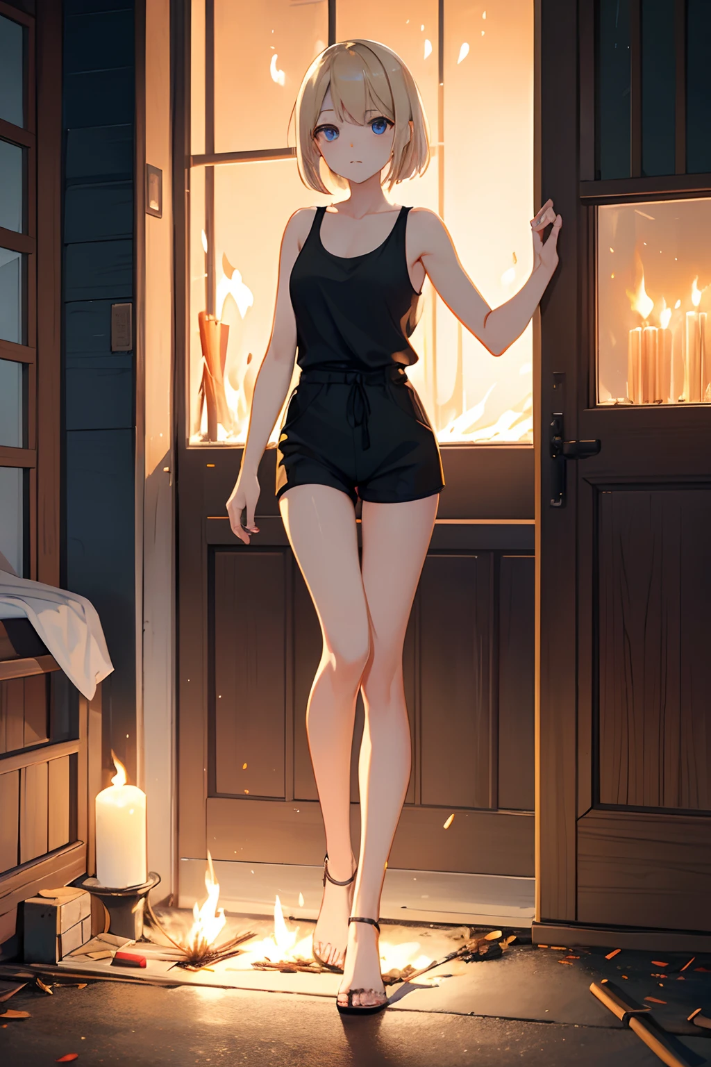 natta、They are setting fire to newspapers with matchsticks lit from outside、A house on fire、cute blonde girl、cute  face、elegant sleek smooth body、full body Esbian、Short bob hair、a blond、blue eyes、Black tank top、sexy black shorts、Wearing black shorts