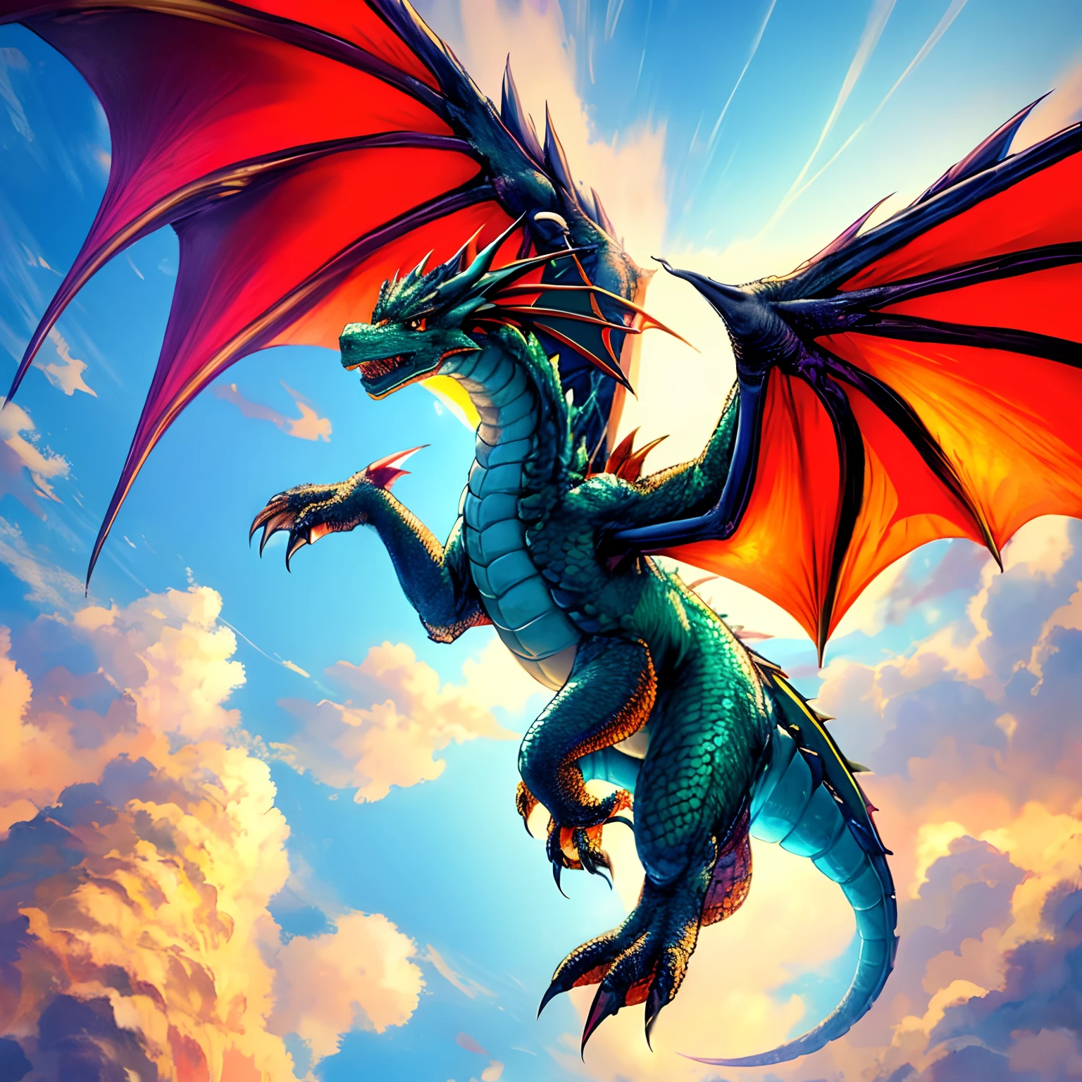 A good dragon soars high in the sky, Camera Focus From Below, Spread wings, long tail, Golden Belly, Professional photo, hyper realisitc, skyscrapers around, soft light