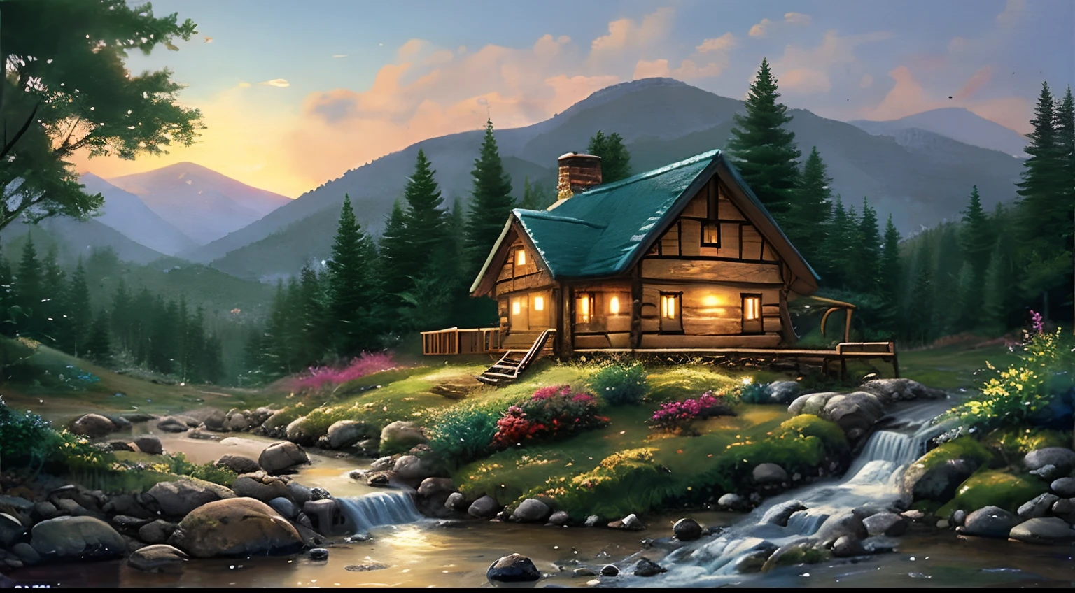 painting of a cabin in a mountain stream with a waterfall, children play around cabin, 4 k oil painting, beautiful oil matte painting, oil painting 4 k, oil painting 4k, cottage in the forest, beautiful oil painting on canvas, beautiful digital painting, smooth oil painting, beautiful art uhd 4 k, 8 k hd detailed oil painting, oil digital painting, Inspired by Thomas Kinkade.
