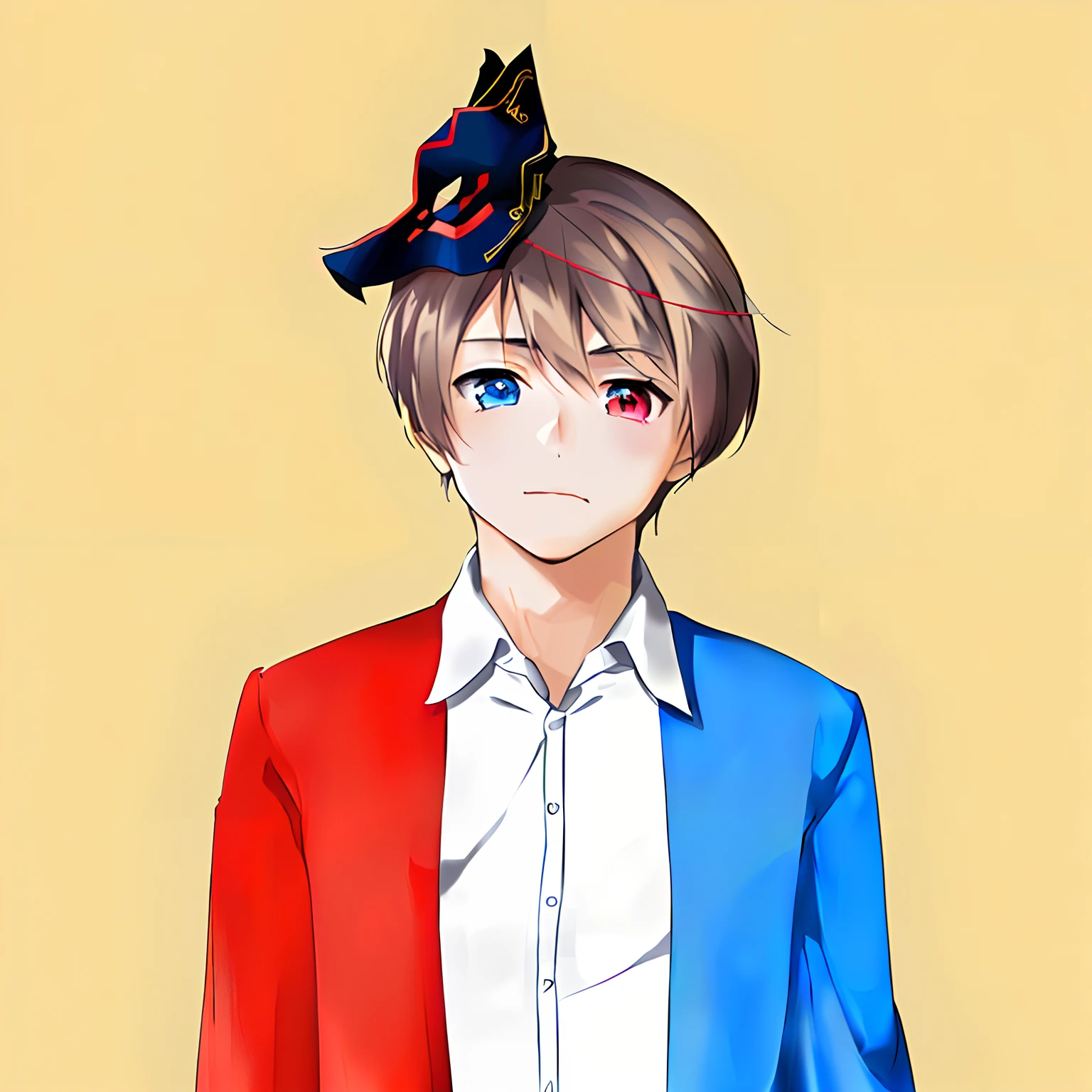 Anime boy with red, White and blue jacket and black bow, in an anime style, In anime style, anime style character, anime figure, Anime style portrait, Anime boy, as an anime character, young anime man, Male anime style, Red and blue eyes, Tall anime guy with blue eyes, anime art style, realistic anime artstyle, male anime character