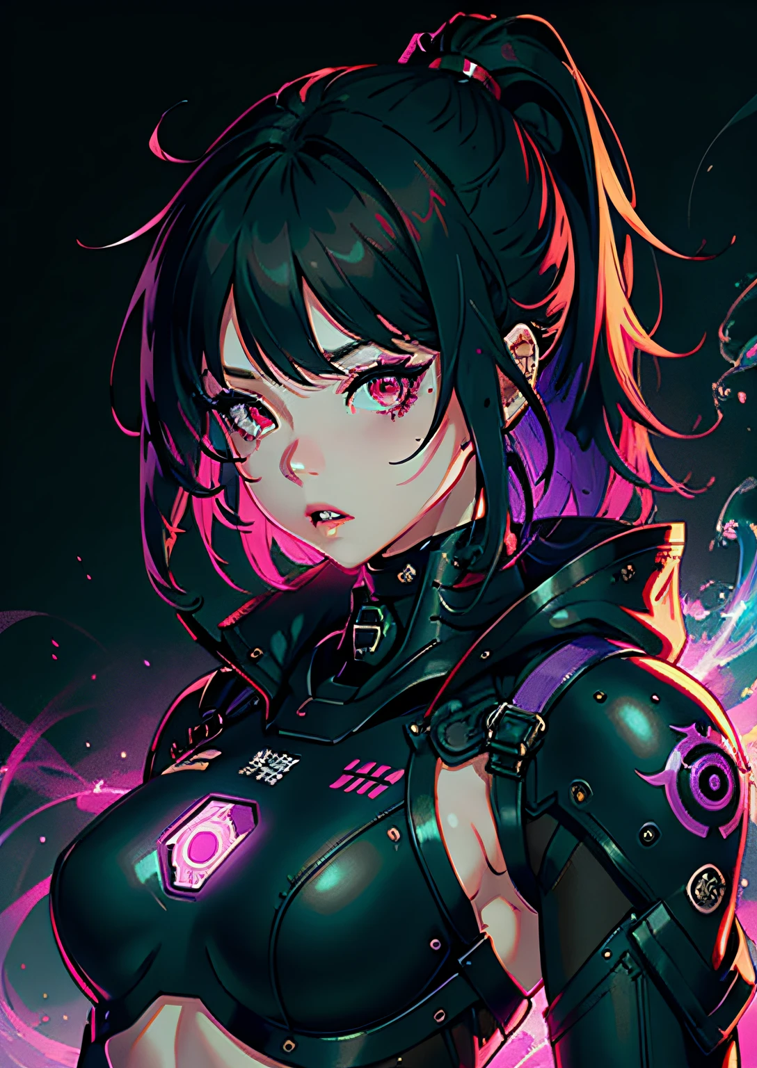 1girl in、独奏、colourfull、Red eyes、cyberpunked、sity、耳Nipple Ring、purple color  hair、an eye patch、Prosthesis、mechanic、neons、beautiful  lighting、Purple reflection、caps、smokeing、charactor focus、CG Illustration、bustshot、Green and black outfit、A dark-haired、