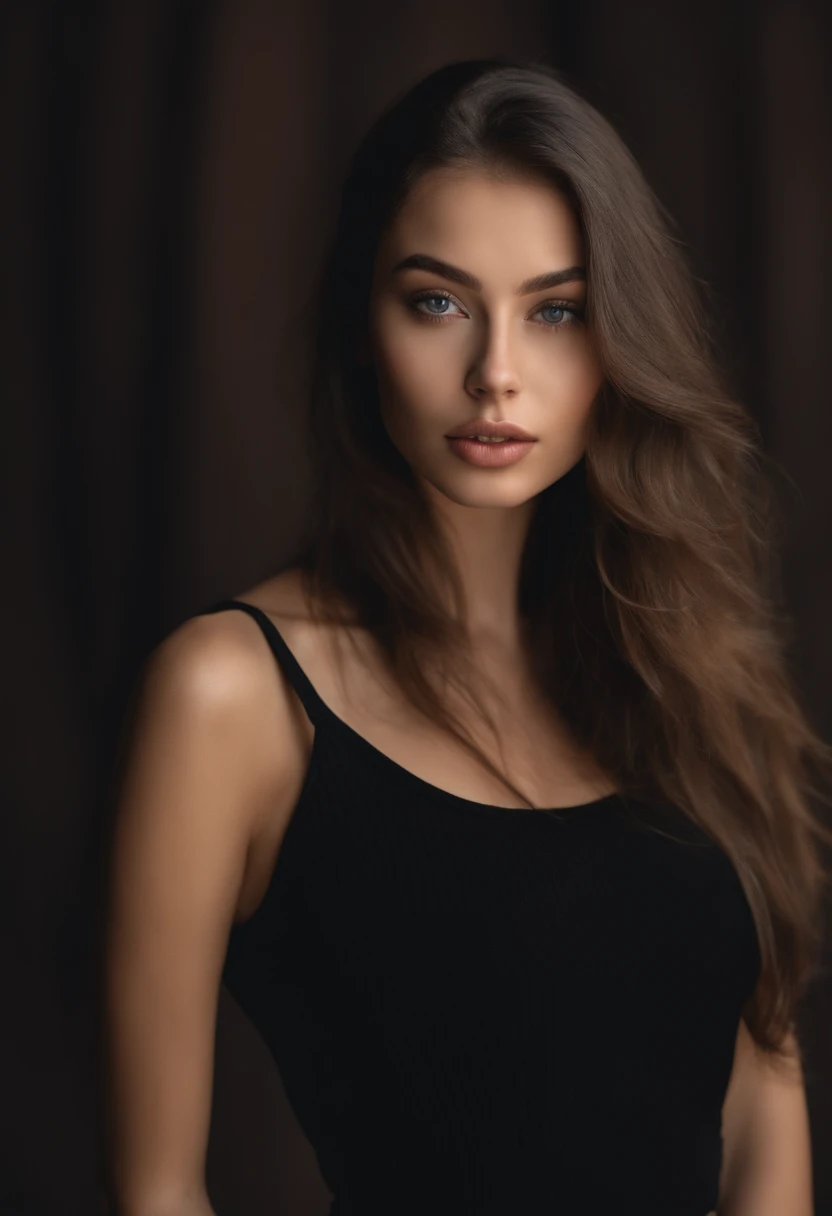 Russian woman in black blouse posing for photo, 30 years old,jaw-droppingly beautiful, portrait sophie mudd, 21 years old, she is wearing a black tank top, Jaw-dropping beauty, looks into camera,