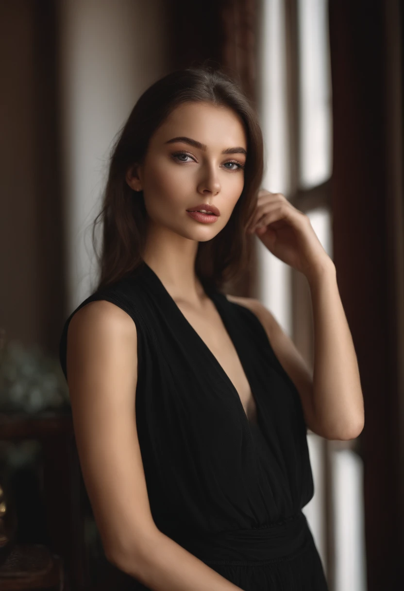 Russian woman in black blouse posing for photo, 30 years old,jaw-droppingly beautiful, portrait sophie mudd, 21 years old, she is wearing a black tank top, Jaw-dropping beauty, looks into camera,