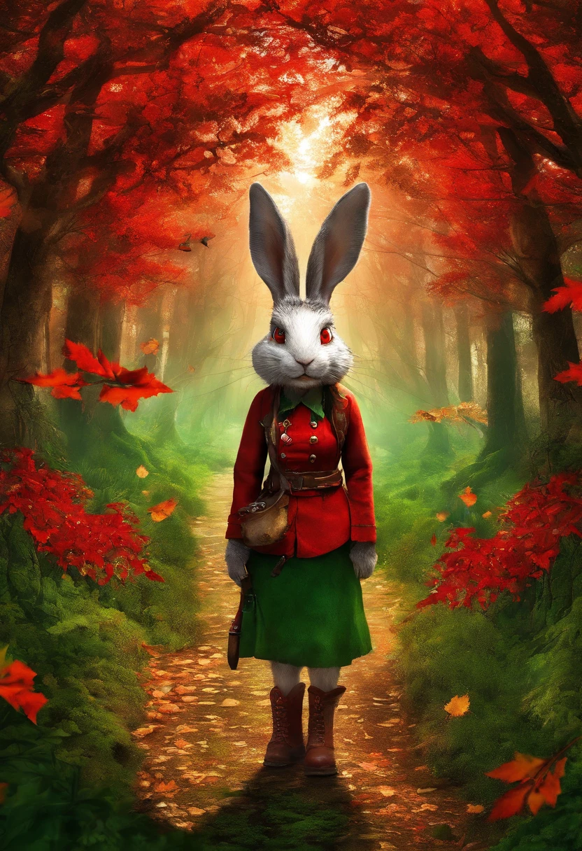 (Photograph of an adventurous little white rabbit sister standing on an autumn foliage path), ,full bodyesbian,(posterior view:1.1),(Lean on your trekking poles),hairy, Clear and beautiful face, Transparent white paws,(Big green bright eyes), ( Binoculars hanging from her chest) ,(Wearing a green fashion adventure suit, Green fashion adventure pants),(Red hiking boots), (cute ears), (Red and green camping hats:1.1), (fashionable sunglasses:1.1), (Carry a green shoulder bag with you:1.1), (trowels), (camping equipment), (Compass,) ,(Exaggerated curiosity explores expressions), Cartoon, 4D, Fox,Cartoony,(Anthropomorphic cartoon characters) , Background: Autumn Leaf Forest Trail Red Forest, autumn forest, red illuminating fog, In a red dream, really beautiful forest, Beautiful forest, Beautiful hazy wood, Red shade spray, Breathable and beautiful trees, breath-taking beautiful trees, red fog, beautiful forests and trees, Bright but dark red, red trees, a 3D render,concept art of character,Photography,Clear facial features,A beautiful painting by Alphonse Mucha,Pixar style,Cartoon style,beatrix potter (beatrix potter) 's illustration,The work of Furuhiko,Masterpiece,Matte painting,dreamlike realism,magic realism,Dreamlike,author:Owen Blumenfeld,petra collins,author:natalia drepina,Dreamy atmosphere,Whimsical atmosphere,Ethereal atmosphere,Romantic atmosphere,illusory engine,Quixel Megascans Render,v-ray,UE5,High detail,hyper qualit,high resolution,trending on artstationh,8K16K,hyper photorealism,Faraway view, (degrees of freedom),cinema shot,Beautiful lighting, --AR 9:16 --style raw --uplight
