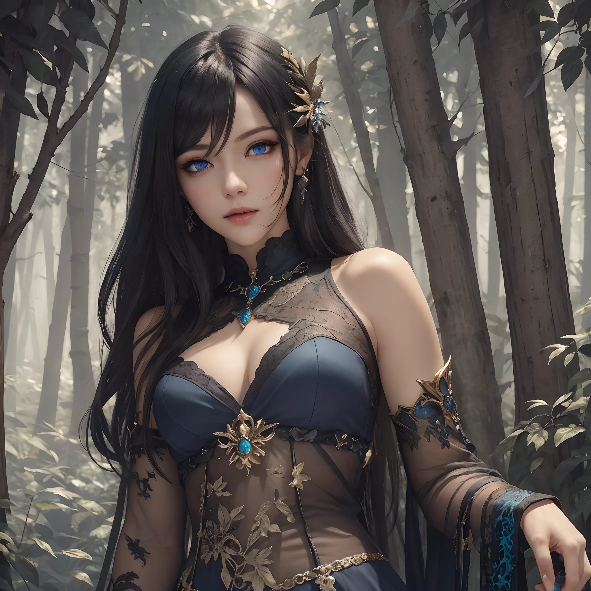 masterpiece, best quality, 1woman adult, female focus, solo, dark black hair, vibrant blue eyes, long hair, looking at viewer, closed mouth, Fantasy aesthetics, fantasy earring, Highly detailed, shadowverse style, dark forest background, in the dark forest