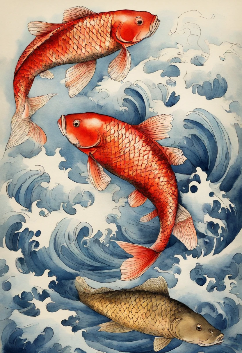 Best Quality, masterpiece, (9 carp: 1,5), style of hokusai, Ukiyo-e Eiyo Pattern