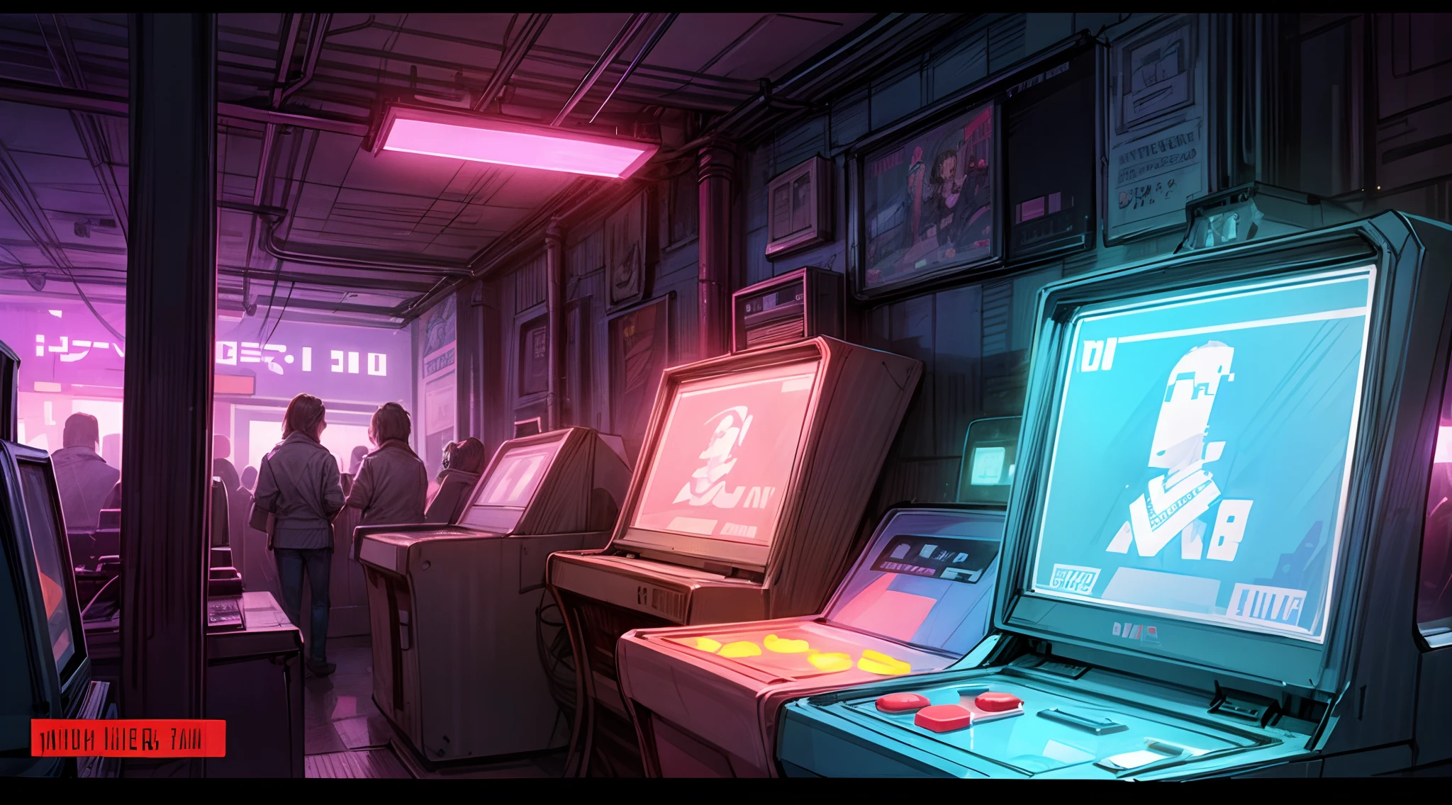 A snapshot of an 1980s arcade: Neon lights, pixelated game screens, and a bustling atmosphere filled with classic video games. It's a nostalgic time capsule of retro gaming. sketch, drawing, strokes