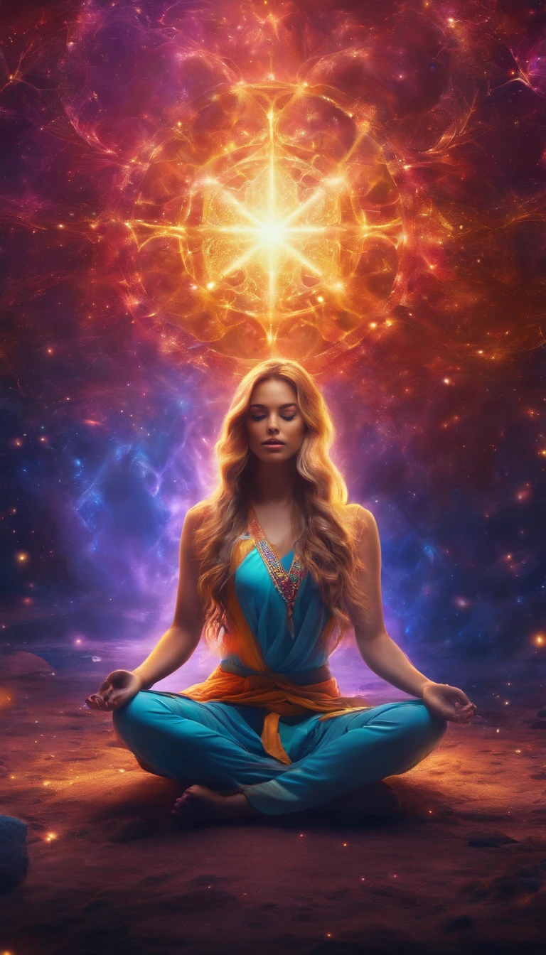 a pregirl,skimpy clothes, Meditate cross-legged, Very bright colors, Light particles, with light glowing, Mshiv, wallpaper art, UHD wallpaper