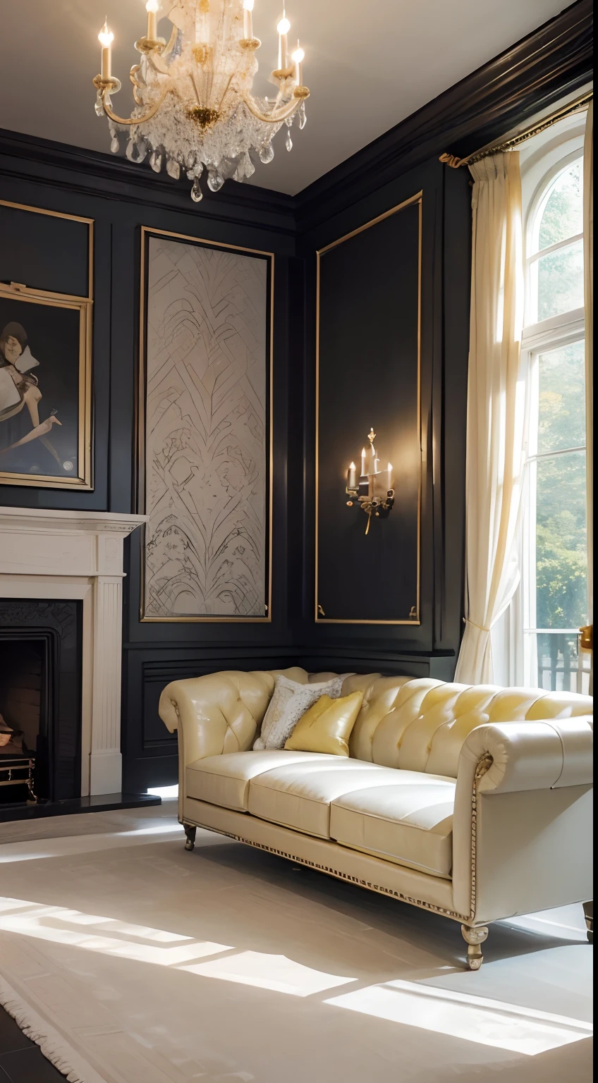 tmasterpiece,best qualtiy,((best qualtiy)),(tmasterpiece),(realisticlying)(Bright colors:1.2),symetrical composition,Bright tones,No Man,The entire space is dominated by white tones,The walls are painted with pale yellow paint,Carpeted with lace。Sunlight comes in through floor-to-ceiling windows,The curtains flutter gently。A dark leather Chesterfield sofa rests in front of the fireplace,On top of it are white and beige cushions。A crystal chandelier hangs from the ceiling,Flashing with a warm yellow light。,Fundo sala de estar