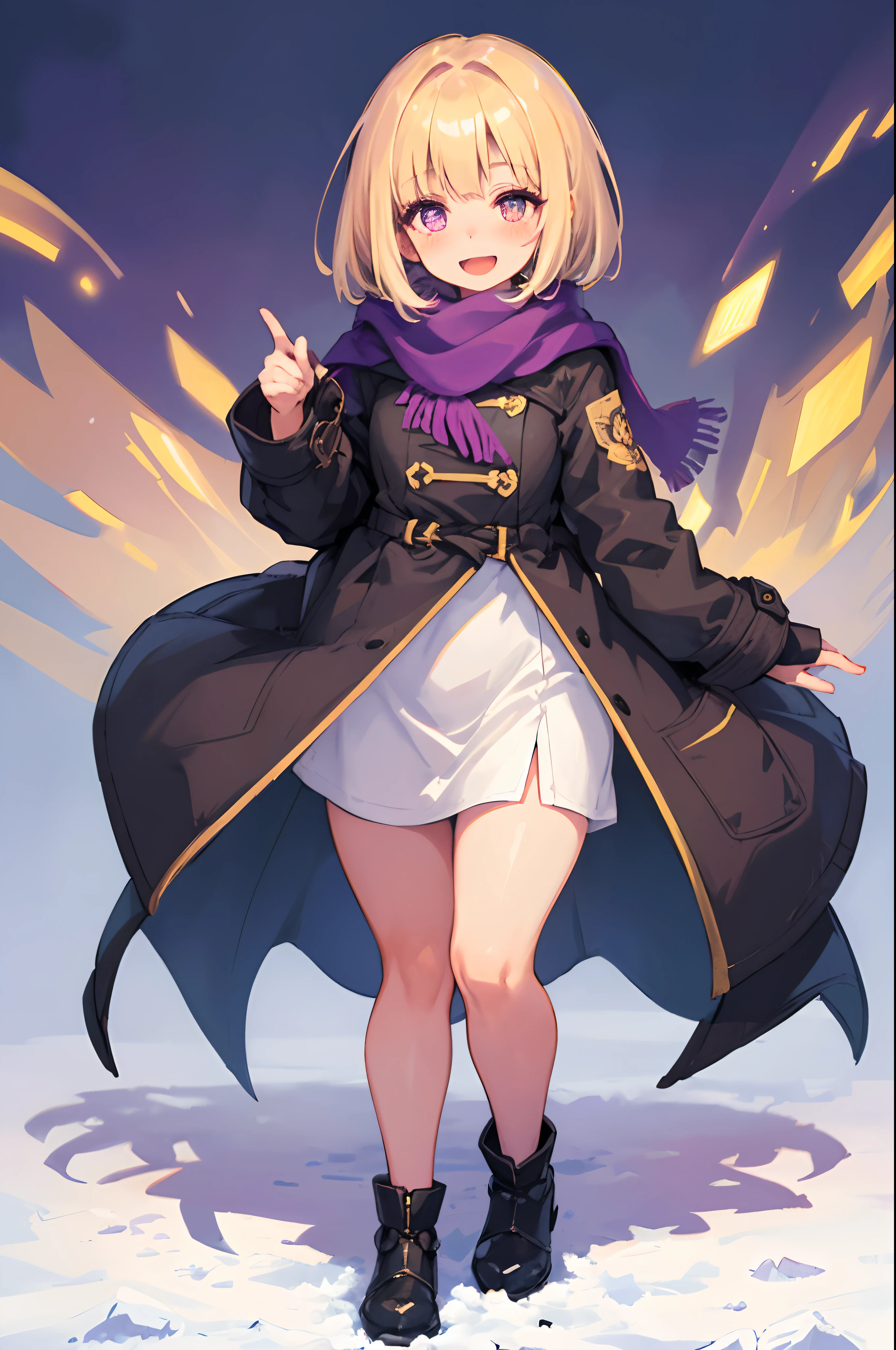 Original Character, Volumetric Lighting, Best Shadows, Shallow Depth of Field, Portrait Of Stunningly Beautiful Girl, "Petite", Delicate Beautiful Attractive Face With Alluring Purple Eyes, Broadly Smiling, Open Mouth, short bob Blond Hair, Blush Eye shadow, Thick Eyelashes, winter, coat, scarf, full body shot, (Highest Quality, Amazing Details:1.25), (Solo:1.3), Brilliant Colorful Paintings