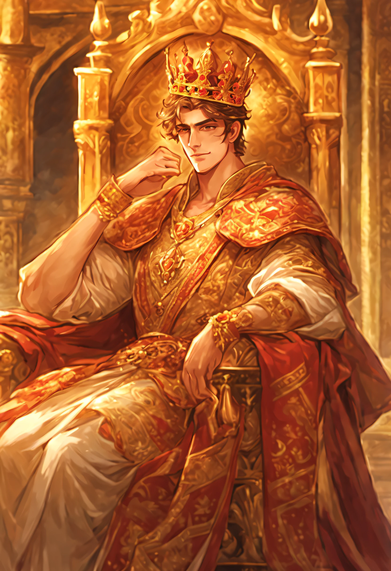 Medieval Byzantine emperors,cabellos largos dorados,Handsome and young,Wearing a crown on the head,Being in a palace,sitting on an royal throne,Gorgeous costumes,Have a strong figure,The expression is gentle,bust,2.5d,Thick painted illustrations,Anime style,without a beard,Clarity,年轻