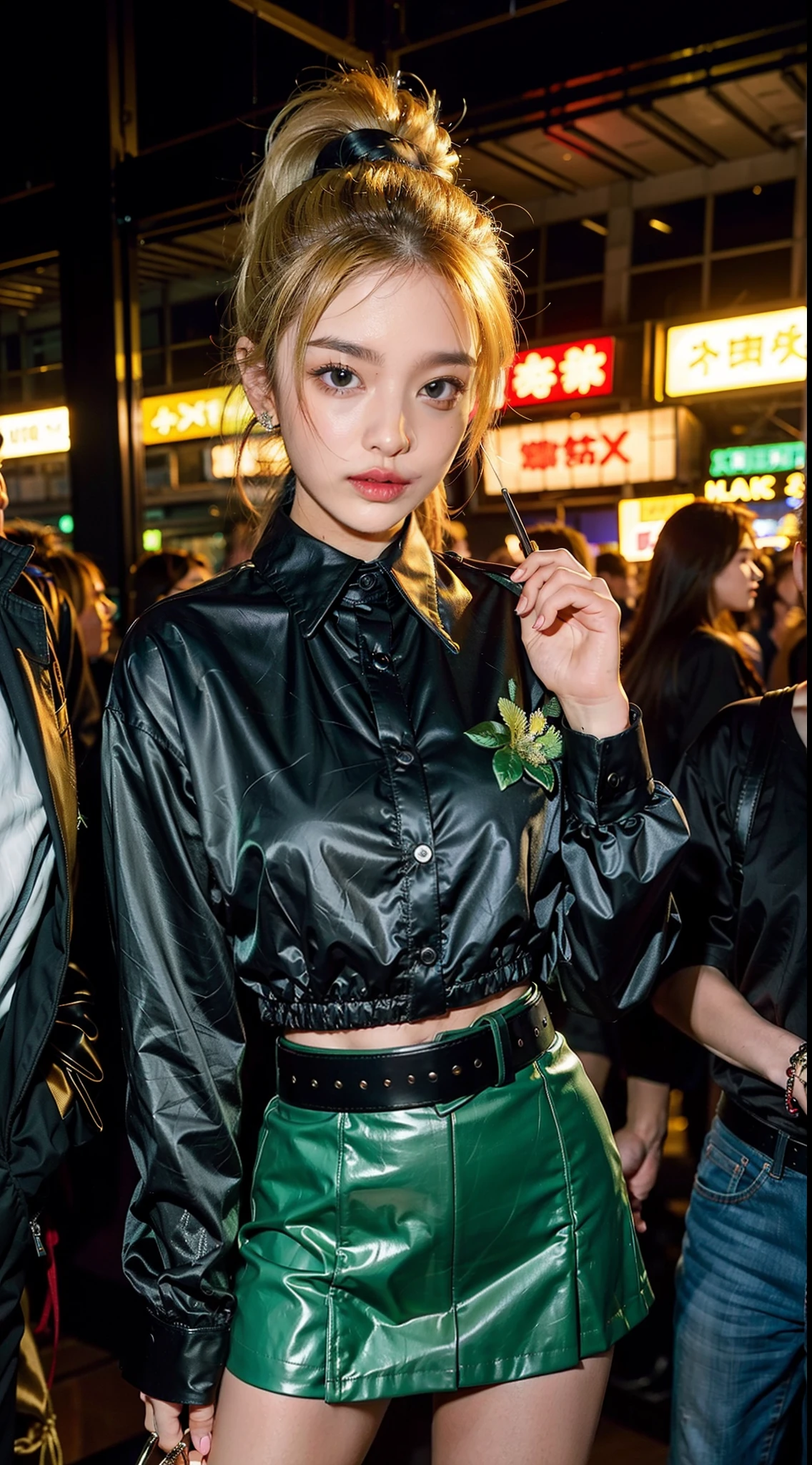 Y2k fashion, y2k outfit, vibrant night party scene, immersed in the vibrant atmosphere of a night party. The party scene is alive, a lively night part, and people having fun because part, capturing the spirit of party, night party, and self-expression that defined the party culture, midshot, centered image, ultra detail, extremely face detail, extremely eye detail, green Floral-embellished Shirt, black mini skirt, beautiful belt, blonde high ponytail hair