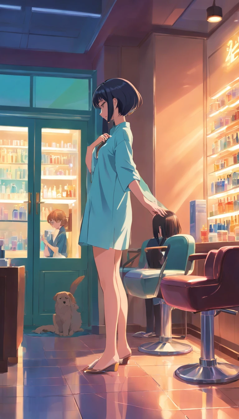 Person bowing to character in a salon