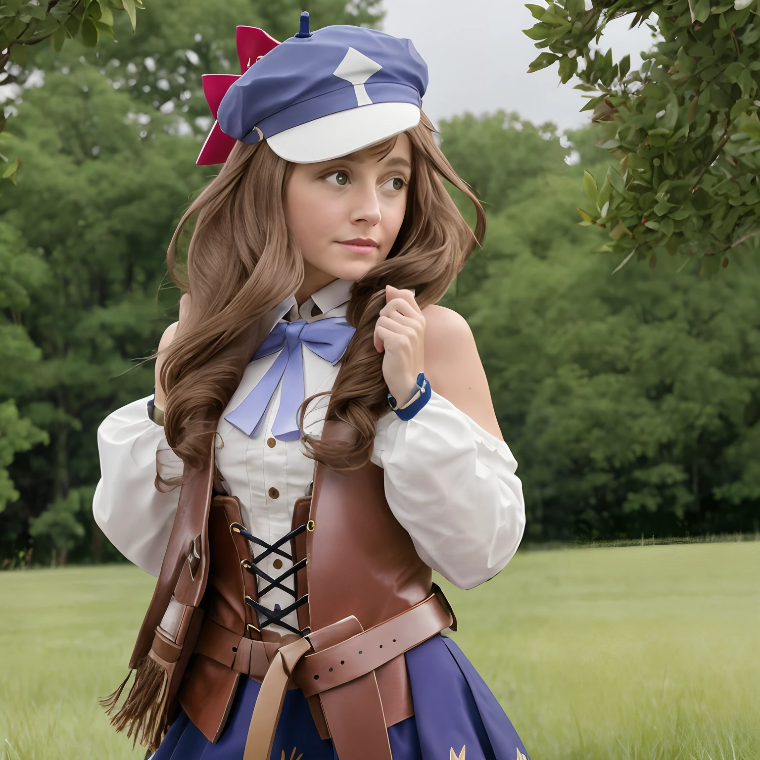 ((masterpiece, best quality)), 1girl,Matikanetannhauser,Matikanetannhauser(Racing clothes),horse ear,horse girl,brown hair,yellow eyes,hairclip,hair ornament,blue hat,streaked hair,blue bow,blue skirt,long sleeves,white shirt,collared shirt,ribbon,belt, cabbie hat,shoulder cutout,bare_shoulders,belt_pouch,knee_boots,standing, naughty face, Arm behind head,outdoors, blue sky, on grass,birds,flower,