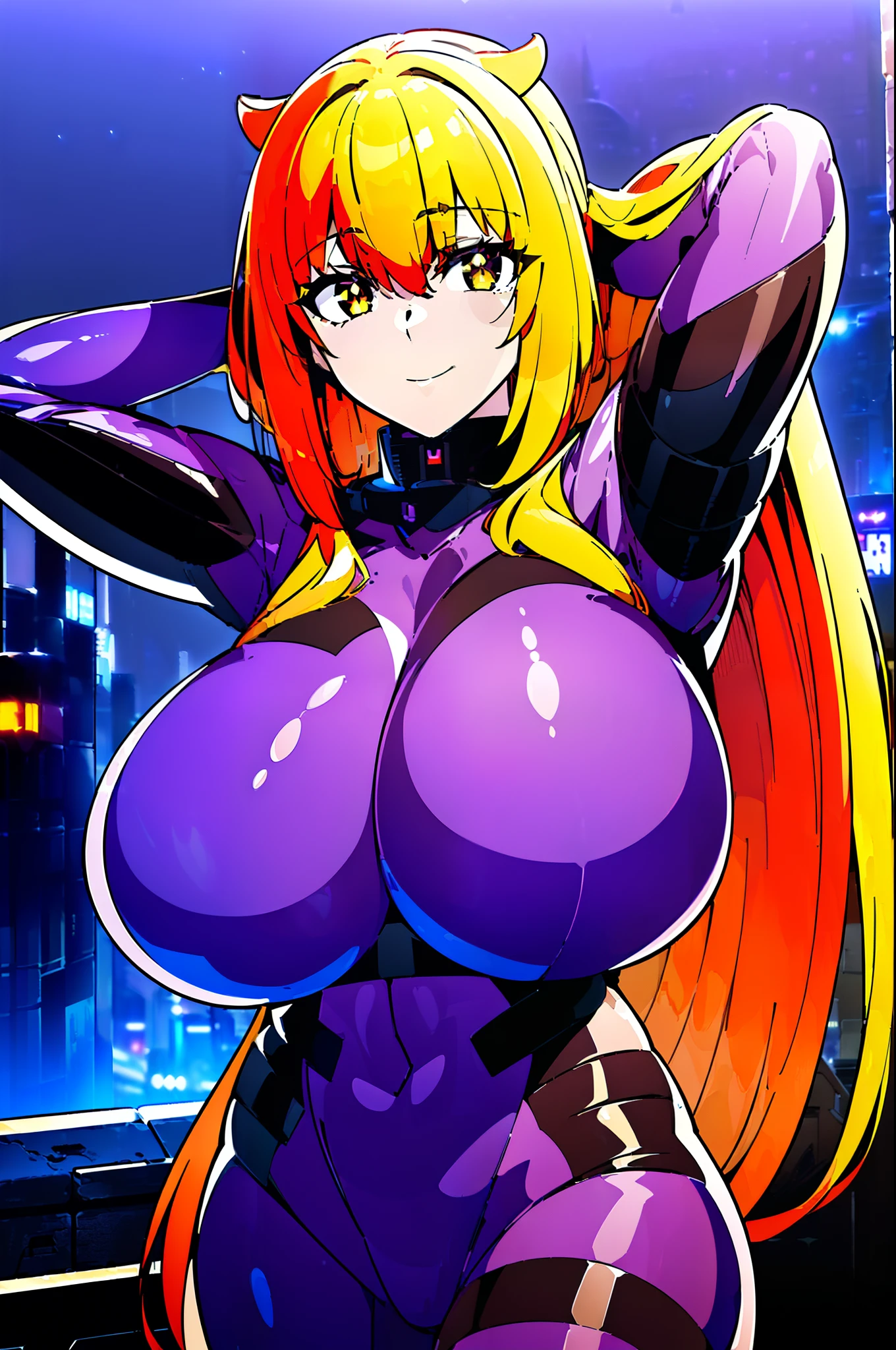 masterpiece, best quality, extremely detailed, 1girl, mature female, solo, roxxane, (huge breasts:1.4), (((orange hair, very long hair, bangs, brown eyes, slit pupils, animal ears))), parted lips, (((fortified_suit, purple plugsuit)), (evil smile, closed mouth), ((arms behind head, dystopian city, dark sky))