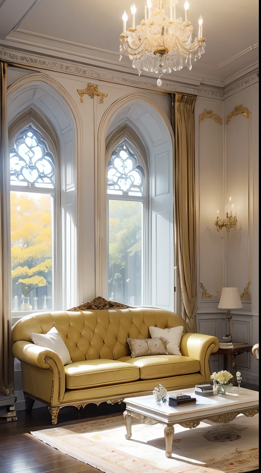 indoors, ampire, luxurious interior, marble (stone), chimney, red sofa, red curtains, windows, volumetric lighting, soft lighting, cinematic,