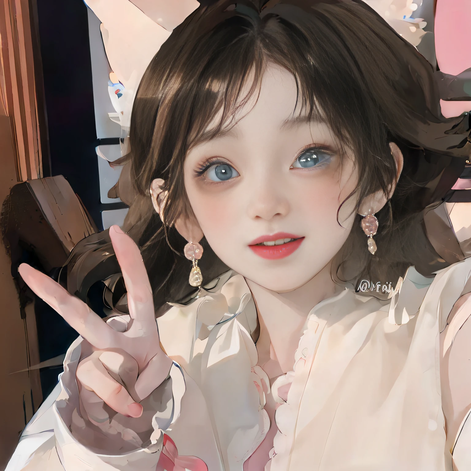 (Ultra-detailed, Photorealistic),(4K, A high resolution, Best quality:1.2), Cute realistic portrait of an anime girl with brown hair and blue eyes, peace signs, Ghibli-style artwork, Digital anime illustration, Guibli, a beautiful anime portrait, Soft anime illustration, Lovely and detailed digital artwork, cute anime girl portraits, anime-style portrait, Detailed digital anime art, Ghibli-inspired pieces, Complex portrait of an anime girl in the Pixiv art station, Detailed portrait of an anime girl with brown hair and blue eyes