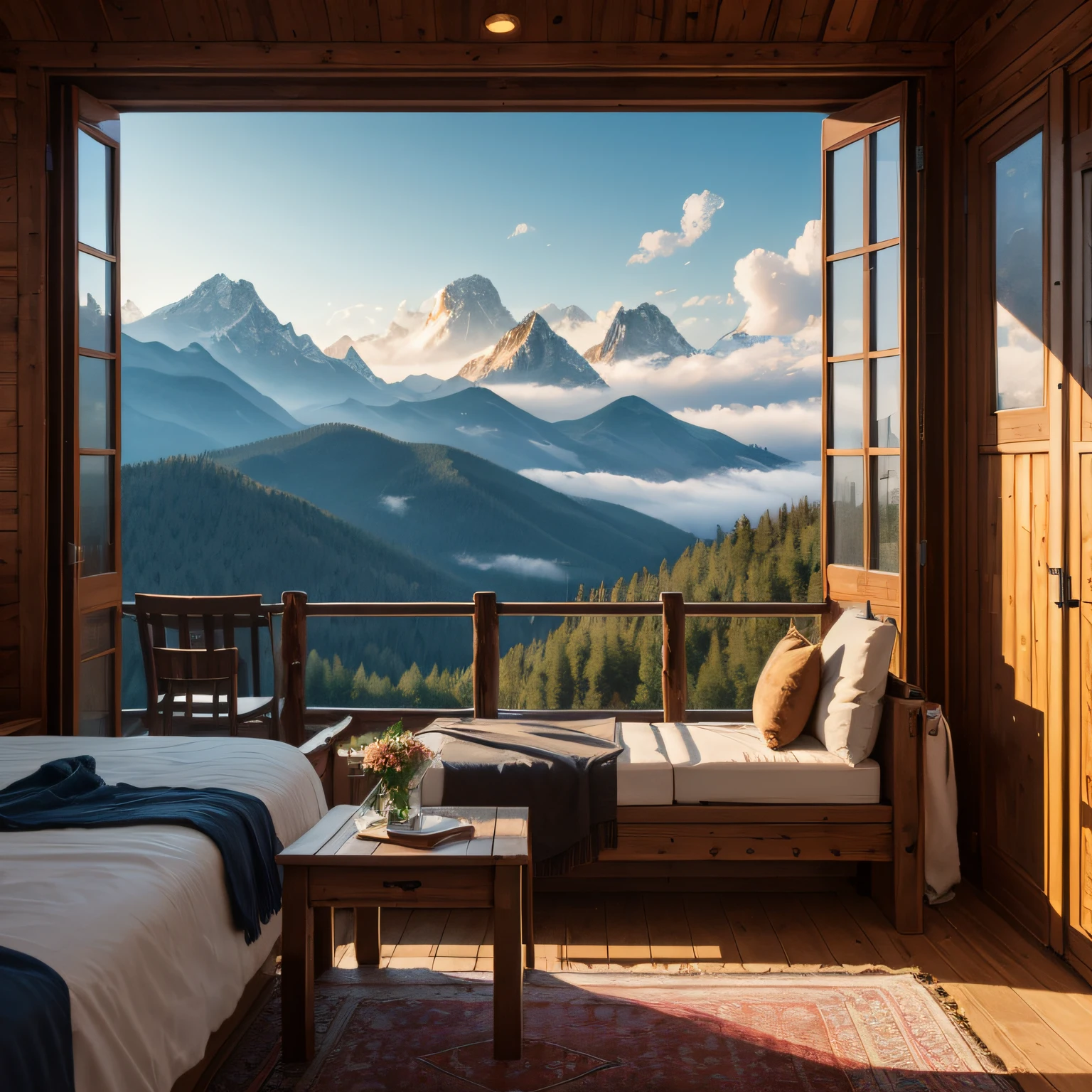 Mountain Cabin near the summit, Mountain Cabin and sea of clouds:1.3, (Masterpiece), (Best Quality), (Ultra high Detailes)