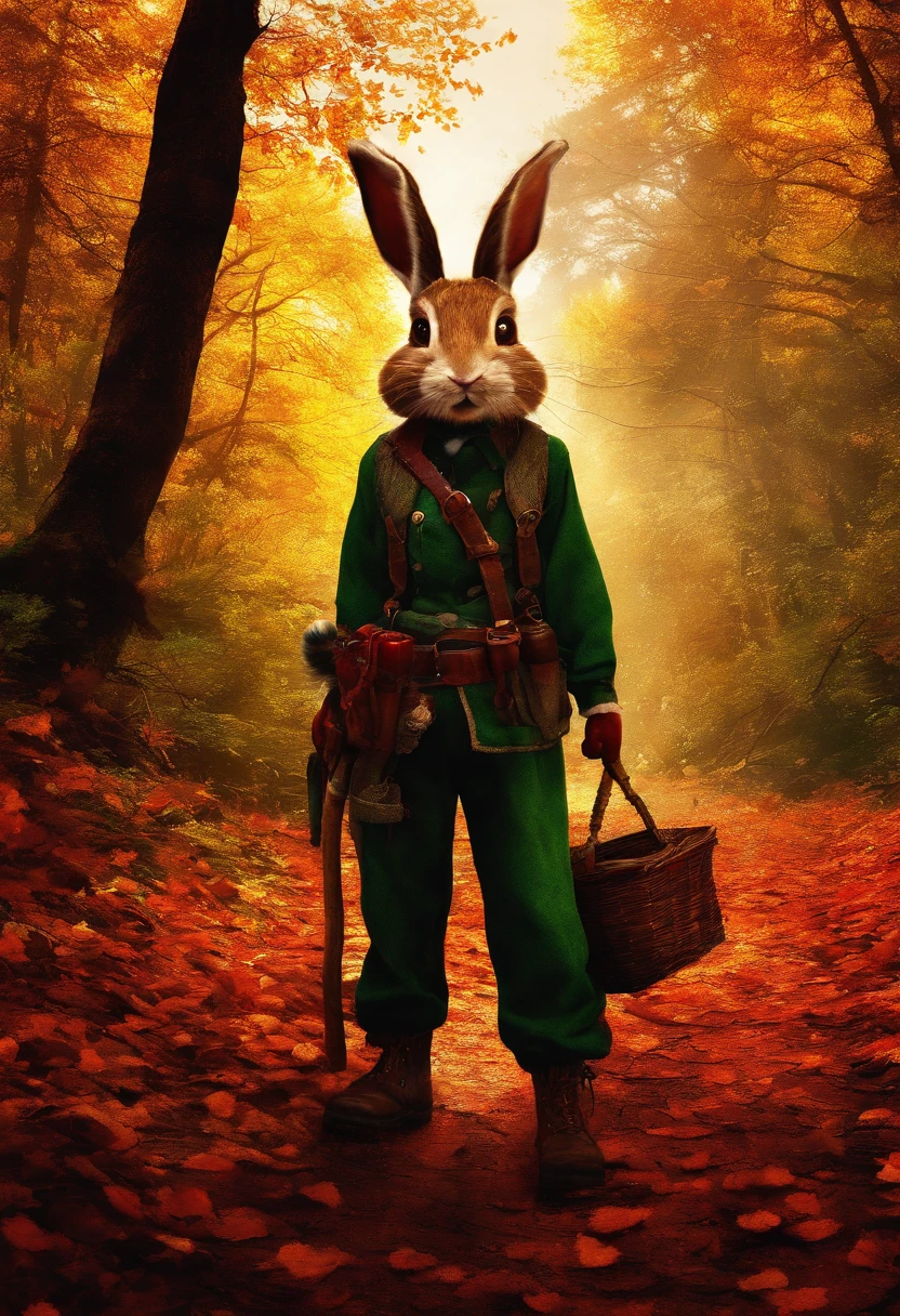 (Photograph of an adventurous little white rabbit sister standing on an autumn foliage path), ，full bodyesbian，（rear view：1.1），（Lean on your trekking poles），hairy, Clear and beautiful face, Transparent white paws，(Big green bright eyes), ( Binoculars hanging from her chest) ,(Wearing a green fashion adventure suit, Green fashion adventure pants)，(Red hiking boots), (cute ears), (Red and green camping hats：1.1), (fashionable sunglasses:1.1), (Carry a green shoulder bag with you:1.1）, (trowels), (camping equipment), (compass,) ，（Exaggerated curiosity explores expression）, Cartoon, 4D, Fox,Cartoony，（Anthropomorphic cartoon characters） ， Background: Autumn Leaf Forest Trail Red Forest, autumn forest, red illuminating fog, In a red dream, really beautiful forest, Beautiful forest, Beautiful hazy wood, Red shade spray, Breathable and beautiful trees, breath-taking beautiful trees, red fog, beautiful forests and trees, Bright but dark red, red trees, a 3D render，concept art of character,Photography,Clear facial features,A beautiful painting by Alphonse Mucha,Pixar style,Cartoon style,beatrix potter （beatrix potter） 's illustration,The work of Furuhiko,Masterpiece,Matte painting,dreamlike realism,magic realism,Dreamlike,author：Owen Blumenfeld,petra collins,author：natalia drepina,Dreamy atmosphere,Whimsical atmosphere,Ethereal atmosphere,Romantic atmosphere,illusory engine,Quixel Megascans Render,v-ray,UE5,High detail,hyper qualit,high resolution,trending on artstationh,8K16K,hyper photorealism,Faraway view， (degrees of freedom),cinema shot,Beautiful lighting, --AR 9:16 --style raw --uplight