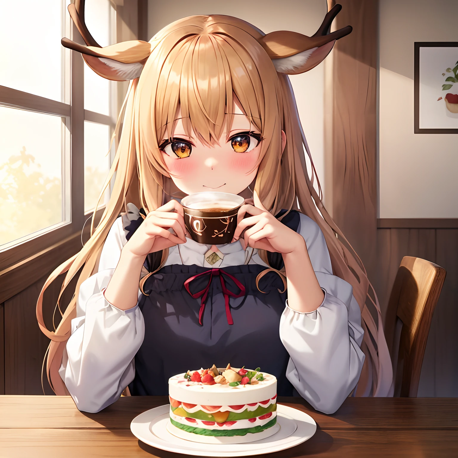 Anime girl sitting at table holding a plate of food, Cute anime girl, 🍂 Cute, Anime visuals of cute girls, mysterious coffee shop girl, short antlers, Cute Anime, cozy cafe background, anime style 4 k, 🍁 Cute, eating cakes, an anime girl, (Anime Girl), portrait of cute anime girlbabes, cute anime style, Cheek cane, Lori, Look at me with love, at noon, Soft smile, depth of fields, flat chest, petite and short body, deer headgear