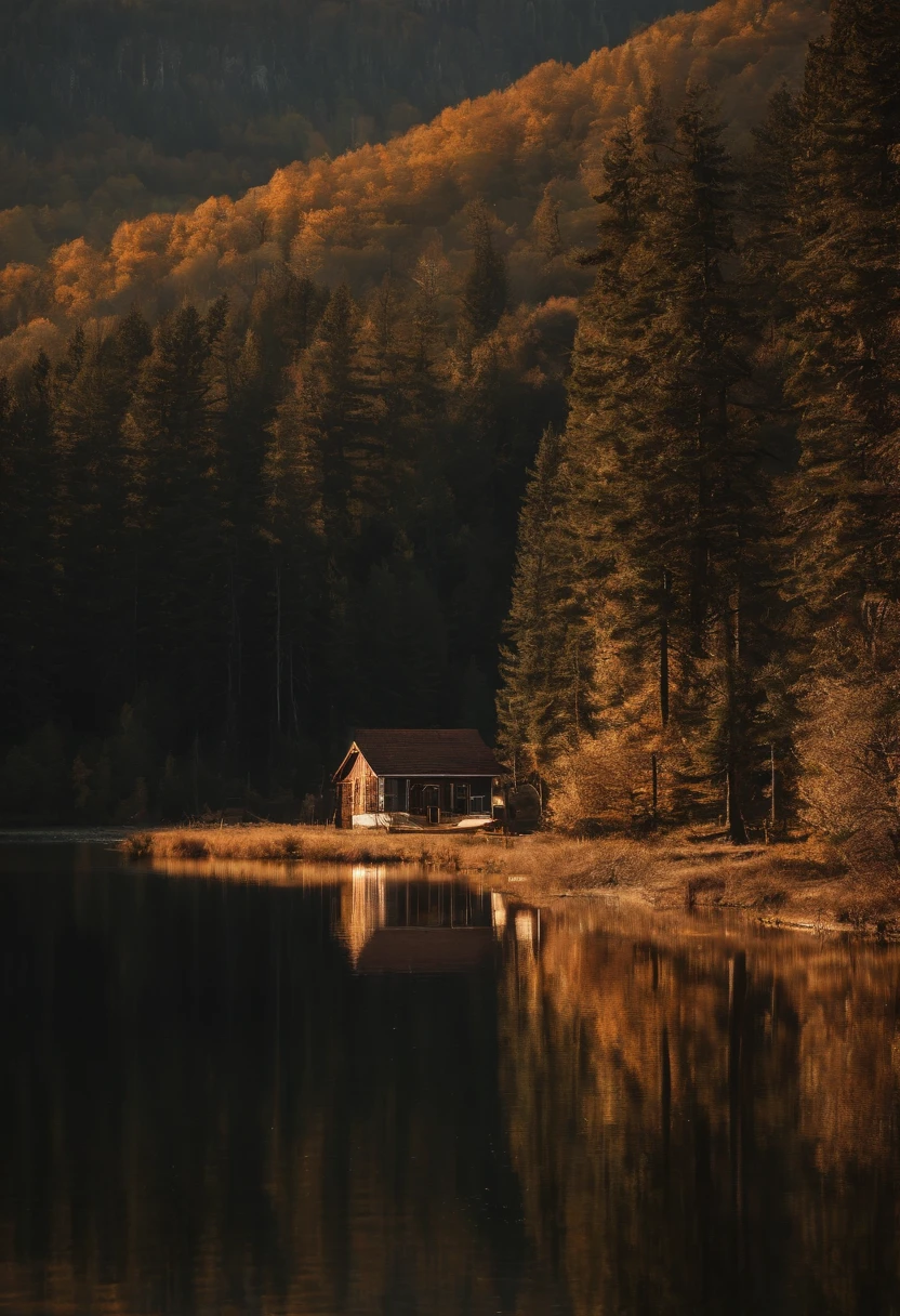 Golden pine forests on the mountains in the distance，A house by the lake，A big golden tree，In the lake is a reflection，Landscape photography，professinal，k hd，the detail