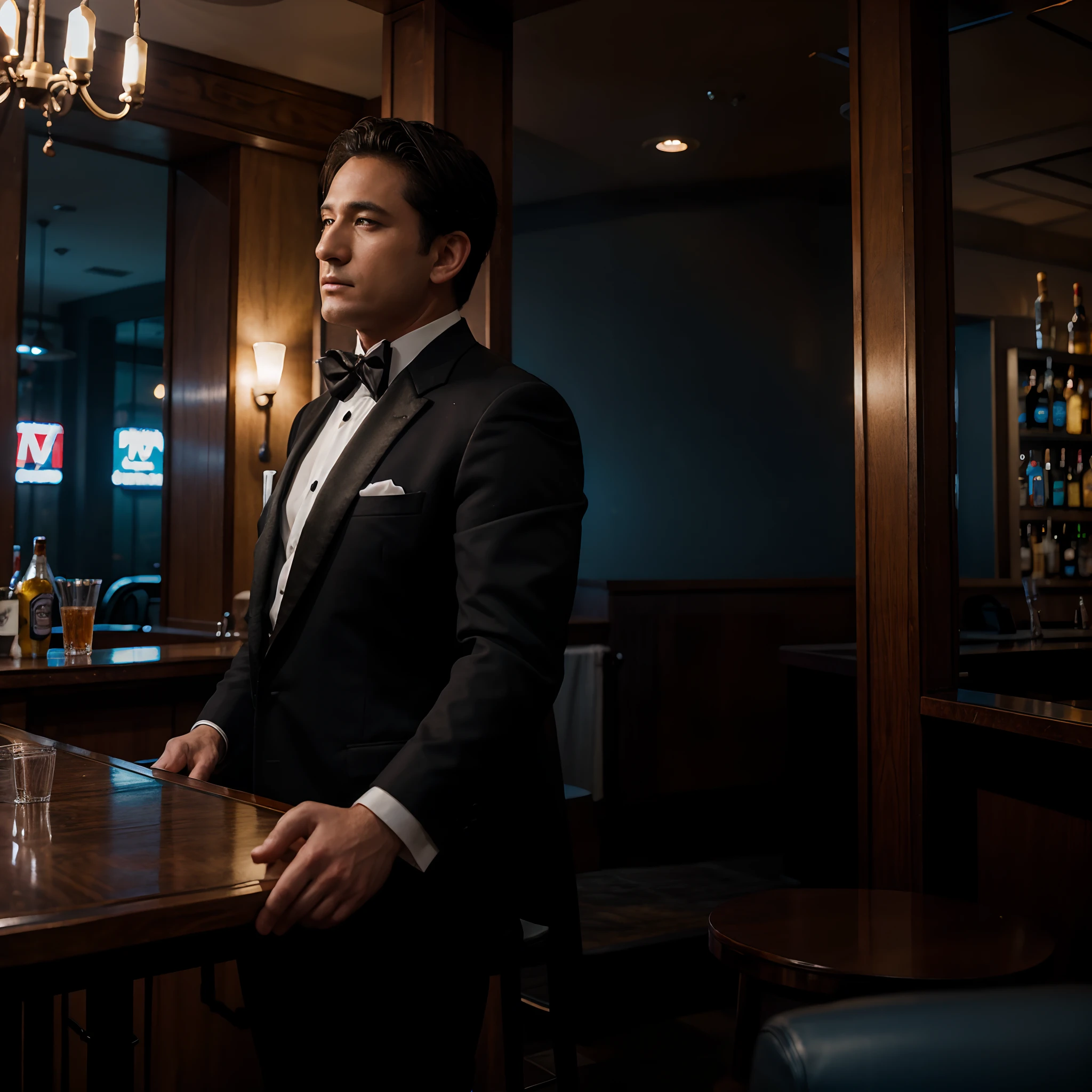 A God in a tuxedo, chilling in a bar,galaxy body,no face,