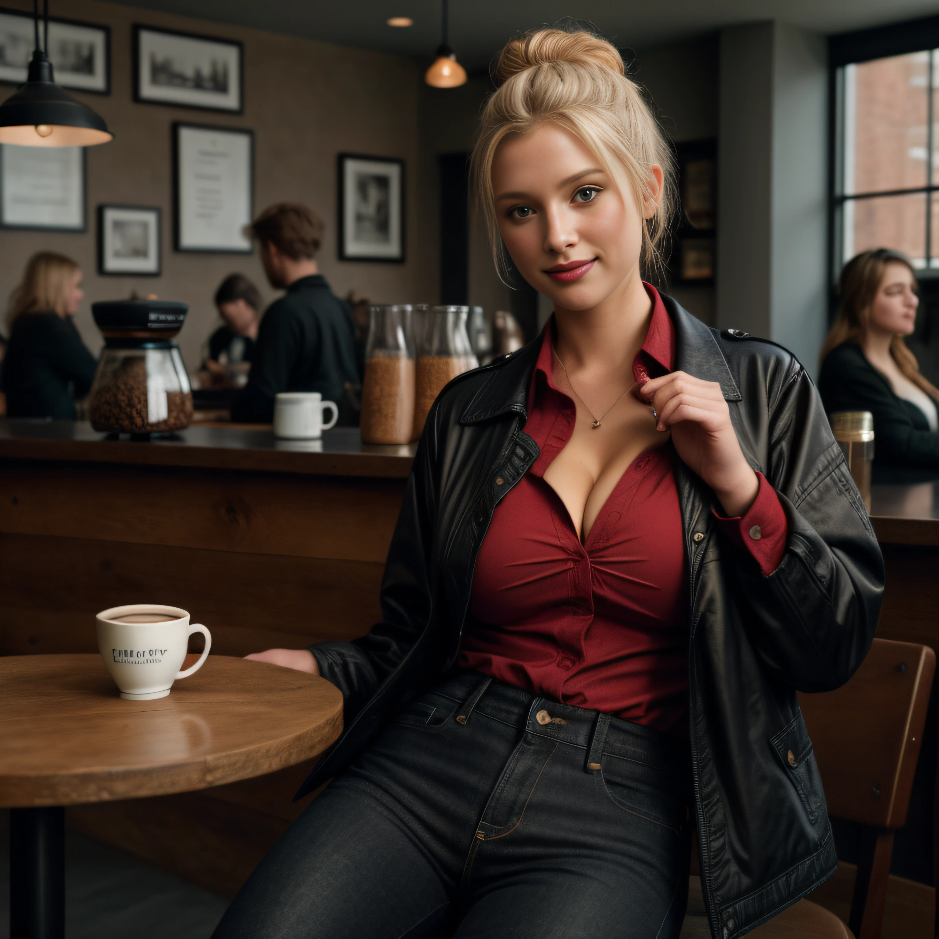 high res, masterpiece, 1girl, solo, best quality, realistic, blonde hair-bun,
((in the extremely detailed coffee shop full of people)), wearing a ((black jacket)), ((red shirt)) and ((black jeans))
(big boobs), (cleavage), (20 years old), perfect smile, ((perfect hands and fingers))
8K, HDR. by (James C. Christensen:1.2|Jeremy Lipking:1.1), fit, erotic beautiful body, (dynamic camera:1.2), (Masterpiece), (Best quality:1.2), absurdities, Intricate details, skin indentation, cleavage, (Highly detailed skin:1.2),