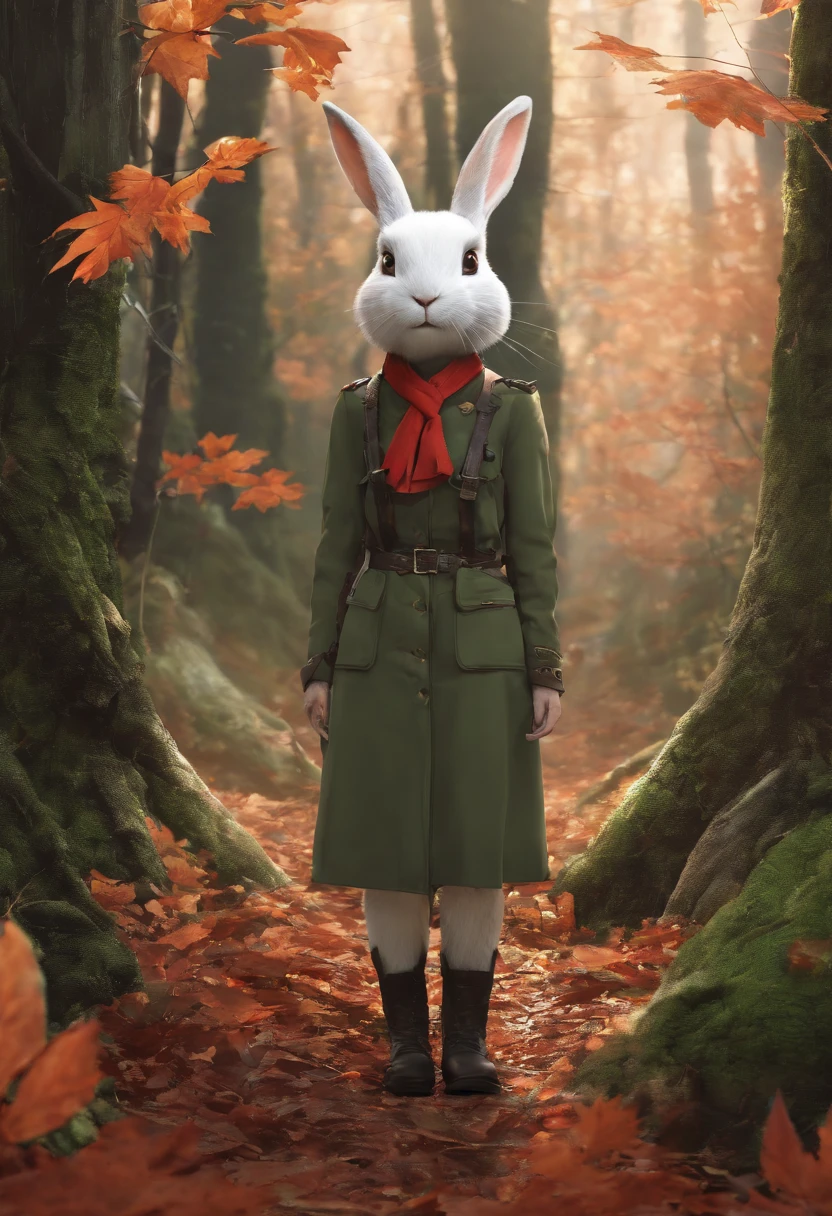 (Photograph of an adventurous little white rabbit sister standing on an autumn foliage path), ，full bodyesbian，（（Rear view：1.1）），（Lean on your trekking poles），hairy, Clear and beautiful face, Transparent white paws，(Big green bright eyes), ( Binoculars hanging from her chest) ,(Wearing a green fashion adventure suit, Green fashion adventure pants)，(Red hiking boots), (cute ears), (Red and green camping hats：1.1), (fashionable sunglasses:1.1), (Carry a green shoulder bag with you:1.1）, (trowels), (camping equipment), (compass,) ，（Exaggerated curiosity explores expression）, Cartoon, 4D, Fox,Cartoony，（Anthropomorphic cartoon characters） ， Background: Autumn Leaf Forest Trail Red Forest, autumn forest, red illuminating fog, In a red dream, really beautiful forest, Beautiful forest, Beautiful hazy wood, Red shade spray, Breathable and beautiful trees, breath-taking beautiful trees, red fog, beautiful forests and trees, Bright but dark red, red trees, a 3D render，concept art of character,Photography,Clear facial features,A beautiful painting by Alphonse Mucha,Pixar style,Cartoon style,beatrix potter （beatrix potter） 's illustration,The work of Furuhiko,Masterpiece,Matte painting,dreamlike realism,magic realism,Dreamlike,author：Owen Blumenfeld,petra collins,author：natalia drepina,Dreamy atmosphere,Whimsical atmosphere,Ethereal atmosphere,Romantic atmosphere,illusory engine,Quixel Megascans Render,v-ray,UE5,High detail,hyper qualit,high resolution,trending on artstationh,8K16K,hyper photorealism,Faraway view， (degrees of freedom),cinema shot,Beautiful lighting, --AR 9:16 --style raw --uplight