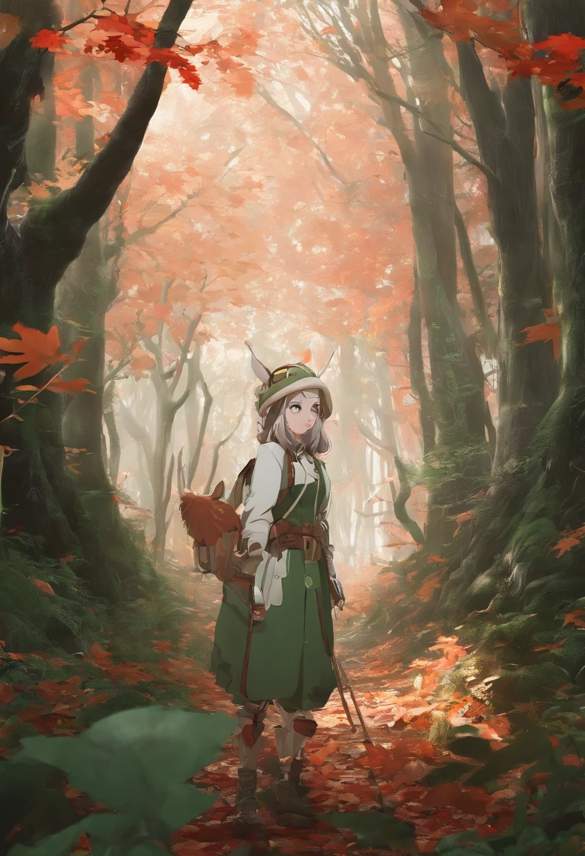 (Photograph of an adventurous little white rabbit sister standing on an autumn foliage path), ，full bodyesbian，（（Rear view：1.1）），（Lean on your trekking poles），hairy, Clear and beautiful face, Transparent white paws，(Big green bright eyes), ( Binoculars hanging from her chest) ,(Wearing a green fashion adventure suit, Green fashion adventure pants)，(Red hiking boots), (cute ears), (Red and green camping hats：1.1), (fashionable sunglasses:1.1), (Carry a green shoulder bag with you:1.1）, (trowels), (camping equipment), (compass,) ，（Exaggerated curiosity explores expression）, Cartoon, 4D, Fox,Cartoony，（Anthropomorphic cartoon characters） ， Background: Autumn Leaf Forest Trail Red Forest, autumn forest, red illuminating fog, In a red dream, really beautiful forest, Beautiful forest, Beautiful hazy wood, Red shade spray, Breathable and beautiful trees, breath-taking beautiful trees, red fog, beautiful forests and trees, Bright but dark red, red trees, a 3D render，concept art of character,Photography,Clear facial features,A beautiful painting by Alphonse Mucha,Pixar style,Cartoon style,beatrix potter （beatrix potter） 's illustration,The work of Furuhiko,Masterpiece,Matte painting,dreamlike realism,magic realism,Dreamlike,author：Owen Blumenfeld,petra collins,author：natalia drepina,Dreamy atmosphere,Whimsical atmosphere,Ethereal atmosphere,Romantic atmosphere,illusory engine,Quixel Megascans Render,v-ray,UE5,High detail,hyper qualit,high resolution,trending on artstationh,8K16K,hyper photorealism,Faraway view， (degrees of freedom),cinema shot,Beautiful lighting, --AR 9:16 --style raw --uplight