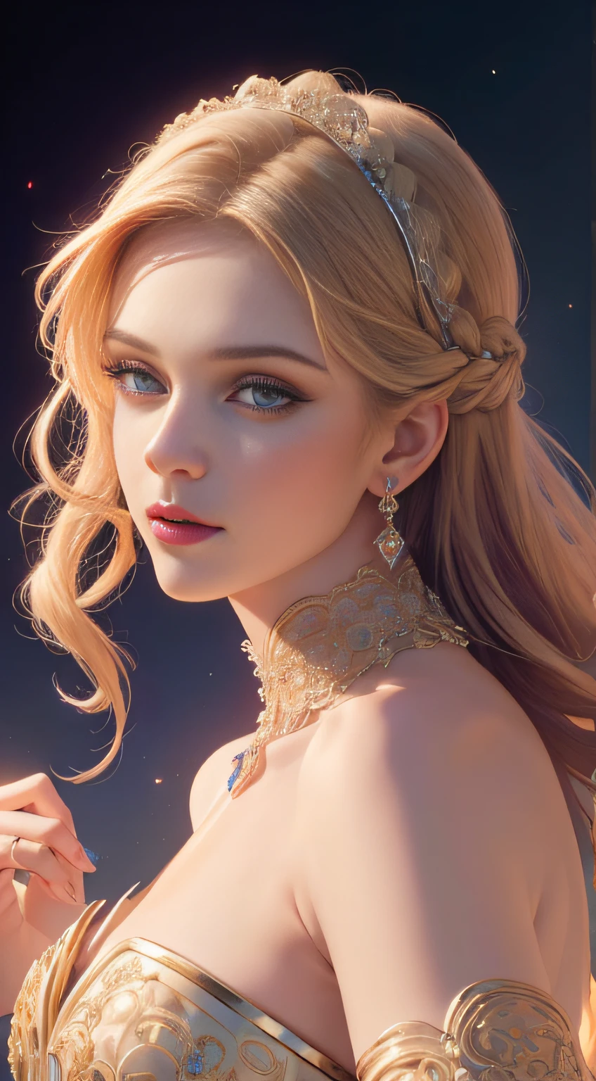 tmasterpiece,Highest high resolution,Dynamic bust of a beautiful royal woman,Delicate blonde braided hair,Purple clear eyes,Hair is covered with beautiful and delicate floral craftsmanship, Crystal Jewelry Filigree,Ultra-detailed details,upscaled。