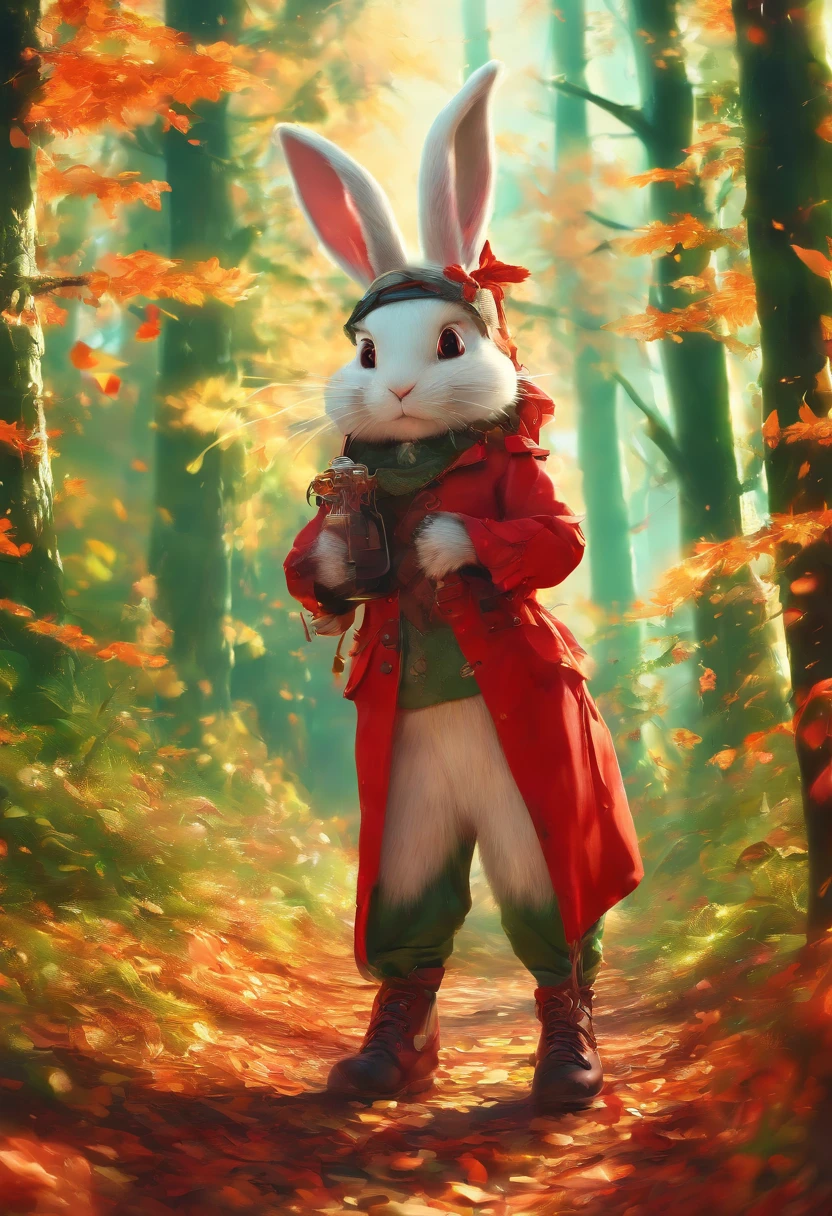 (Photograph of an adventurous little white rabbit sister standing on an autumn foliage path), ,full bodyesbian,((Rear view:1.1)),(Lean on your trekking poles),hairy, Clear and beautiful face, Transparent white paws,(Big green bright eyes), ( Binoculars hanging from her chest) ,(Wearing a green fashion adventure suit, Green fashion adventure pants),(Red hiking boots), (cute ears), (Red and green camping hats:1.1), (fashionable sunglasses:1.1), (Carry a green shoulder bag with you:1.1), (trowels), (camping equipment), (compass,) ,(Exaggerated curiosity explores expression), Cartoon, 4D, Fox,Cartoony,(Anthropomorphic cartoon characters) , Background: Autumn Leaf Forest Trail Red Forest, autumn forest, red illuminating fog, In a red dream, really beautiful forest, Beautiful forest, Beautiful hazy wood, Red shade spray, Breathable and beautiful trees, breath-taking beautiful trees, red fog, beautiful forests and trees, Bright but dark red, red trees, a 3D render,concept art of character,Photography,Clear facial features,A beautiful painting by Alphonse Mucha,Pixar style,Cartoon style,beatrix potter (beatrix potter) 's illustration,The work of Furuhiko,Masterpiece,Matte painting,dreamlike realism,magic realism,Dreamlike,author:Owen Blumenfeld,petra collins,author:natalia drepina,Dreamy atmosphere,Whimsical atmosphere,Ethereal atmosphere,Romantic atmosphere,illusory engine,Quixel Megascans Render,v-ray,UE5,High detail,hyper qualit,high resolution,trending on artstationh,8K16K,hyper photorealism,Faraway view, (degrees of freedom),cinema shot,Beautiful lighting, --AR 9:16 --style raw --uplight