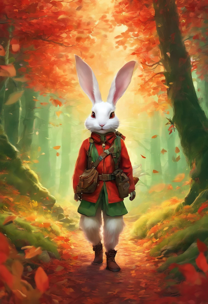 (Photograph of an adventurous little white rabbit sister standing on an autumn foliage path), ，full bodyesbian，（（Rear view：1.1）），（Lean on your trekking poles），hairy, Clear and beautiful face, Transparent white paws，(Big green bright eyes), ( Binoculars hanging from her chest) ,(Wearing a green fashion adventure suit, Green fashion adventure pants)，(Red hiking boots), (cute ears), (Red and green camping hats：1.1), (fashionable sunglasses:1.1), (Carry a green shoulder bag with you:1.1）, (trowels), (camping equipment), (compass,) ，（Exaggerated curiosity explores expression）, Cartoon, 4D, Fox,Cartoony，（Anthropomorphic cartoon characters） ， Background: Autumn Leaf Forest Trail Red Forest, autumn forest, red illuminating fog, In a red dream, really beautiful forest, Beautiful forest, Beautiful hazy wood, Red shade spray, Breathable and beautiful trees, breath-taking beautiful trees, red fog, beautiful forests and trees, Bright but dark red, red trees, a 3D render，concept art of character,Photography,Clear facial features,A beautiful painting by Alphonse Mucha,Pixar style,Cartoon style,beatrix potter （beatrix potter） 's illustration,The work of Furuhiko,Masterpiece,Matte painting,dreamlike realism,magic realism,Dreamlike,author：Owen Blumenfeld,petra collins,author：natalia drepina,Dreamy atmosphere,Whimsical atmosphere,Ethereal atmosphere,Romantic atmosphere,illusory engine,Quixel Megascans Render,v-ray,UE5,High detail,hyper qualit,high resolution,trending on artstationh,8K16K,hyper photorealism,Faraway view， (degrees of freedom),cinema shot,Beautiful lighting, --AR 9:16 --style raw --uplight