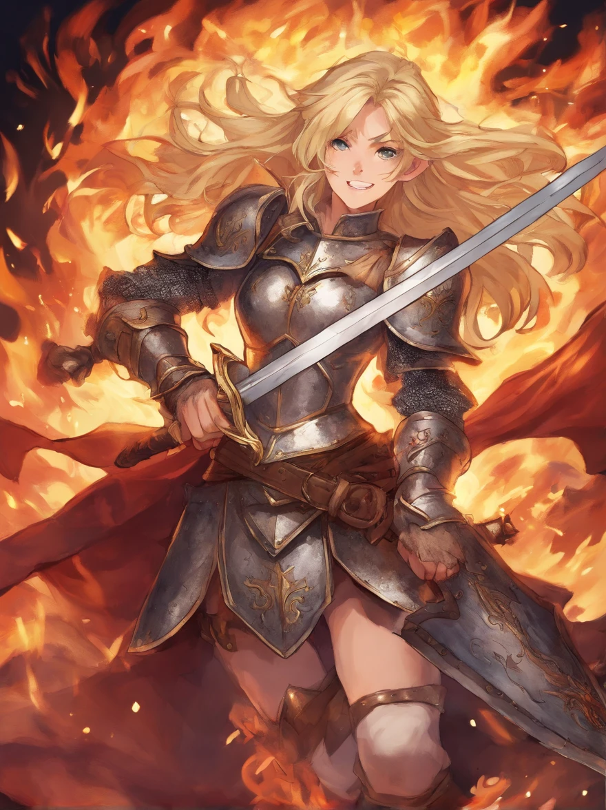 A blonde hair girl wearing a knight armor holding a sword while screaming with full of emotion on her face and fire background