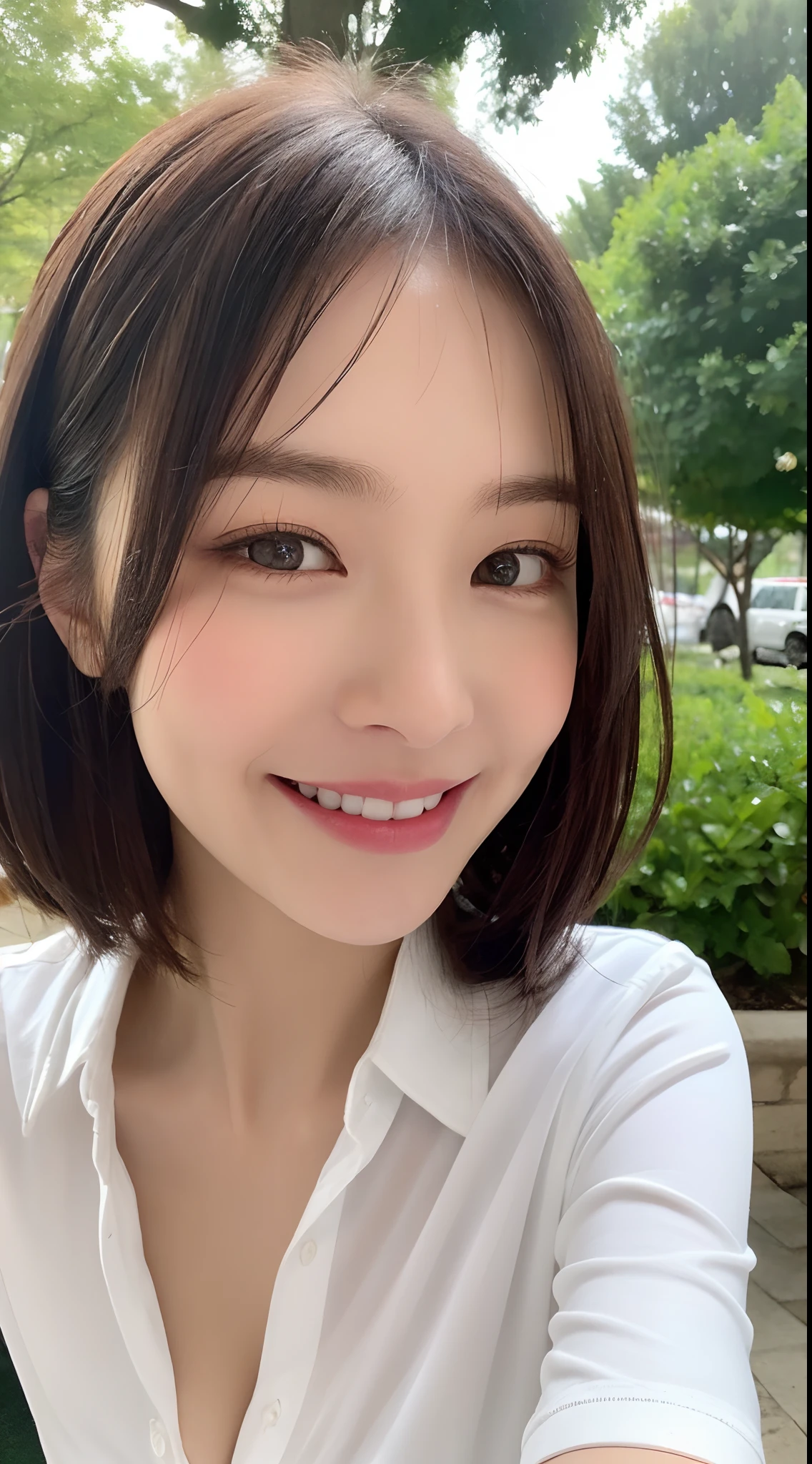 ((Best Quality, 8K, Masterpiece: 1.3)), Sharp Focus: 1.2, A Beautiful Woman with Perfect Figure: 1.4, Slim Abs: 1.2, (Layered Hairstyle,: 1.2)), (Wet White Button Long Shirt: 1.3), Rain: 1.3, Street: 1.2, Wet Body: 1.1, Highly Detailed Face and Skin Texture, Detailed Eyes, Double Eyelids, Big Breasts, Smile,