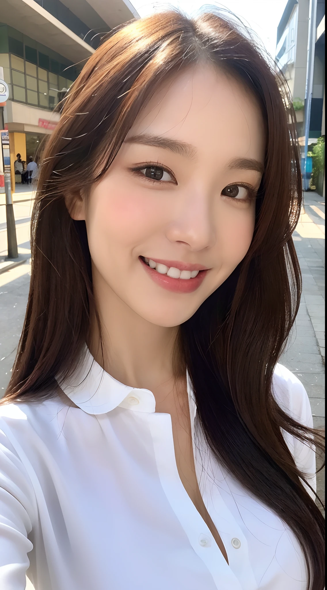 ((Top Quality, 8K, Masterpiece: 1.3)), Beautiful Women with Perfect Figure: 1.4, Slim Abs: 1.2, (Layered Hairstyles: 1.2)), (Sheer White Button Long Shirt: 1.3), Rain: 1.3, Street: 1.2, Wet Body: 1.1, Highly Detailed Face and Skin Texture, Detailed Eyes, Double Eyelids, Big, Smile, Open Chest Shirt