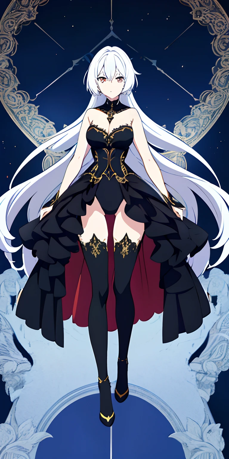 ( Absurd , High quality , ultra detailed, careful with hand )transparent dress Full body anime picture of a female archivist , anime ,white hair , Gold eyes , goth outfit , hood , leotard, french , puffy gown, ballgown , long stockings , 2 legs, intricately designed outfit, leggings , sleeveless gown , strapless gown ,intricately designed outfit , masterpiece , wallpaper , beautiful eyes , anime art style , best quality, ultra-detailed, illustration,