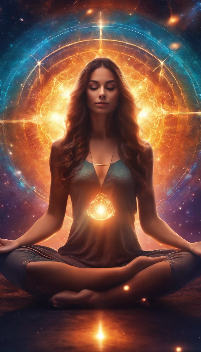 a pregirl,Meditate cross-legged, at centre,Very bright colors, Light particles, with light glowing, Mshiv, wallpaper art, UHD wallpaper